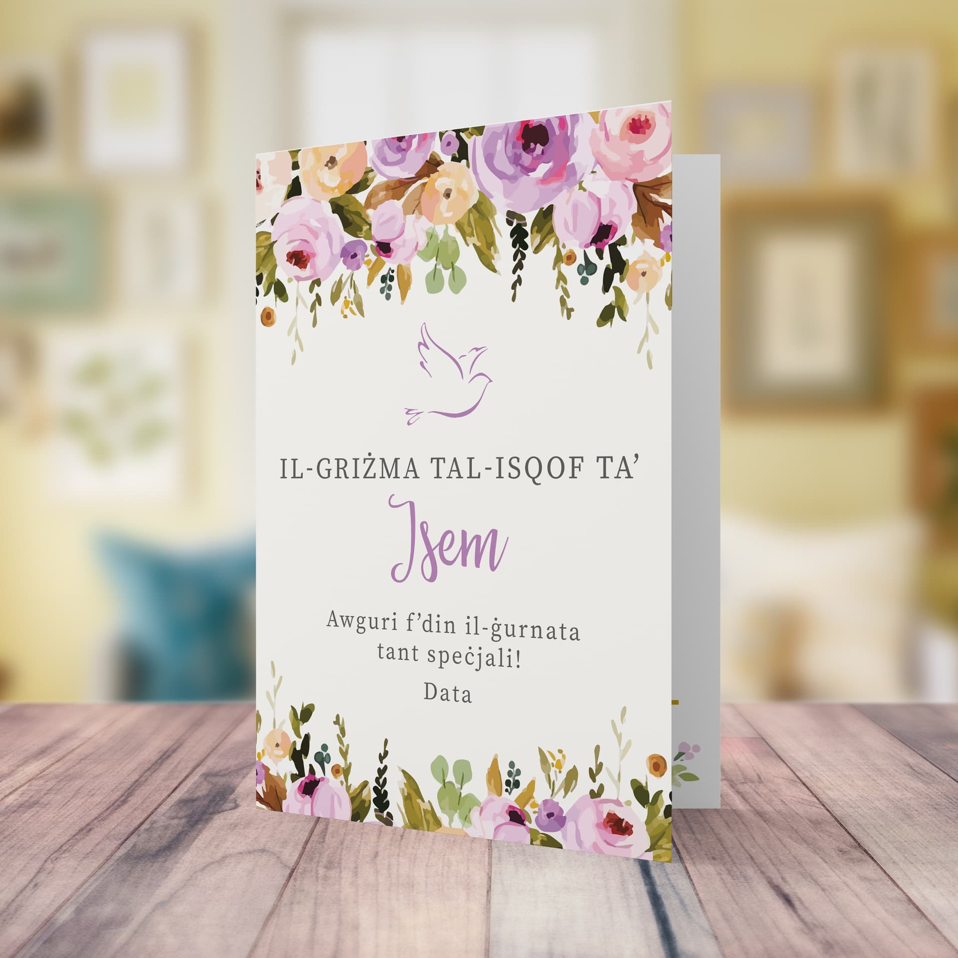 An a5 pink / purple flower themed Confirmation card in Maltese (Personalisable)