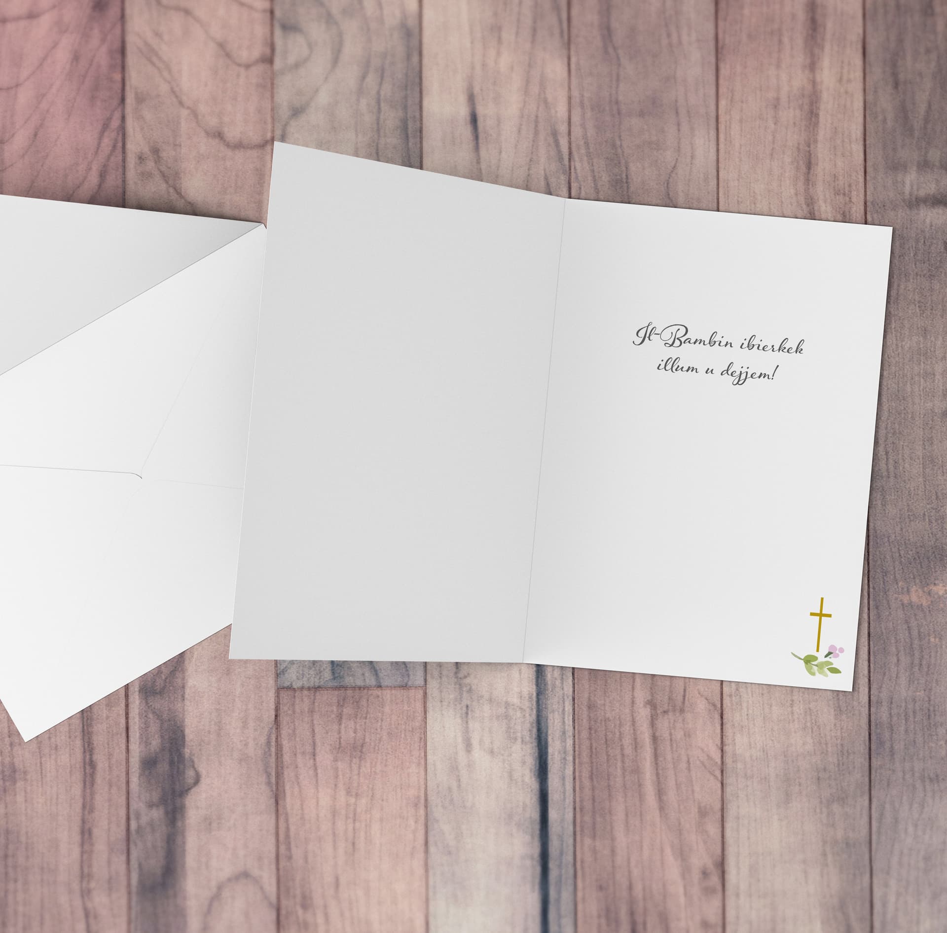 An a5 pink / purple flower themed Confirmation card in Maltese (Personalisable)
