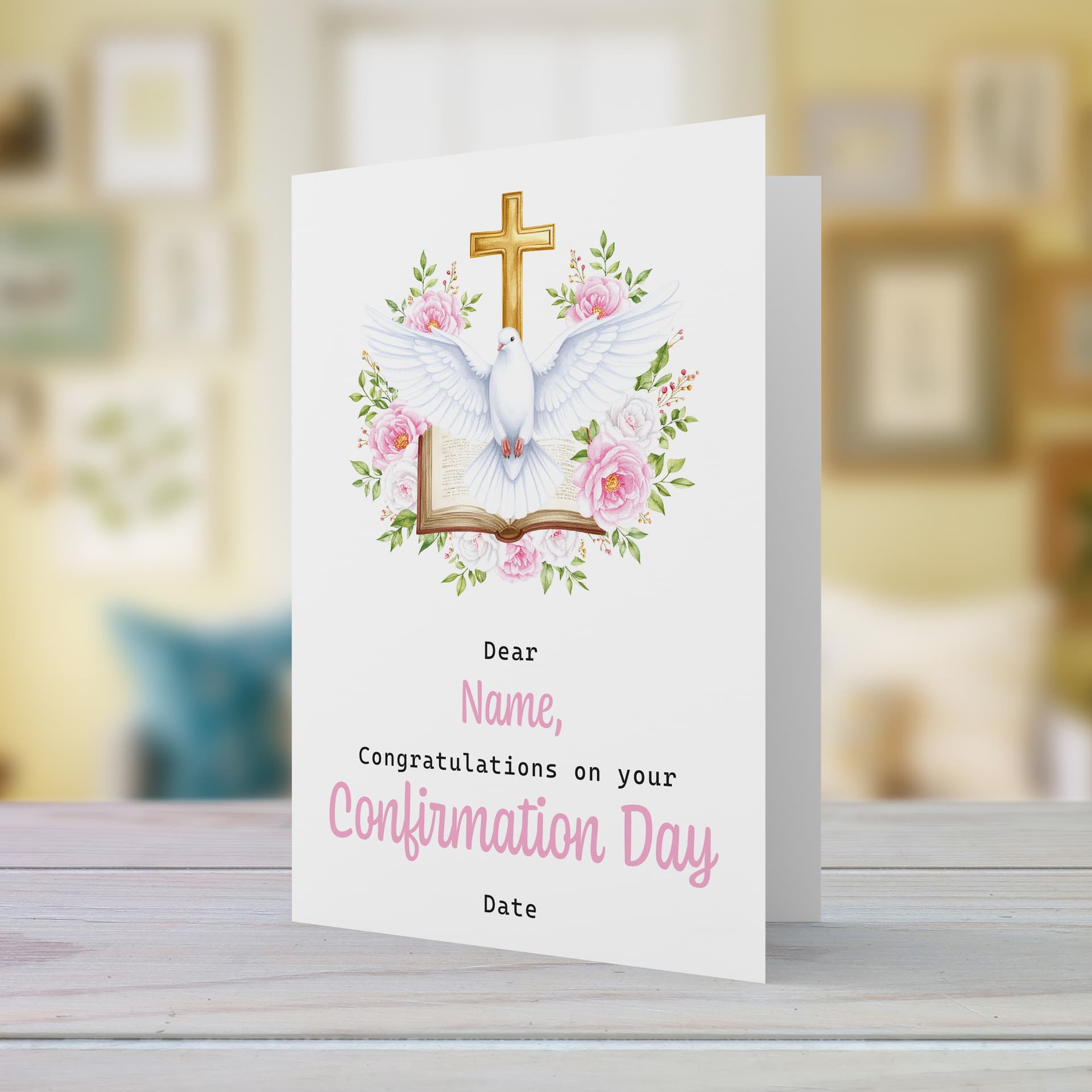 An A5 elegant Confirmation card featuring the Holy Spirit dove, an open Bible and beautiful pink and white flowers in English (Personalisable)