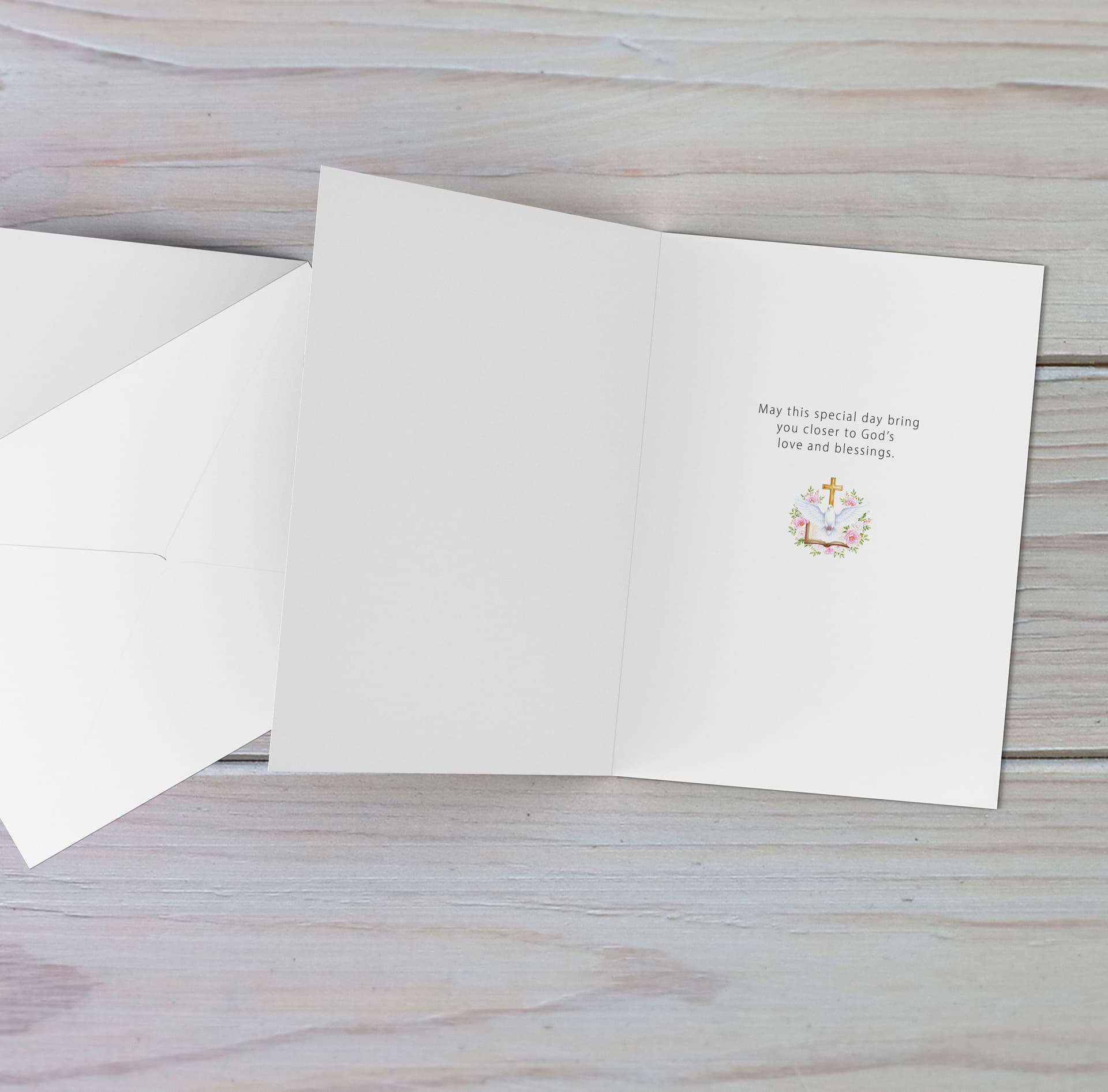 An A5 elegant Confirmation card featuring the Holy Spirit dove, an open Bible and beautiful pink and white flowers in English (Personalisable)