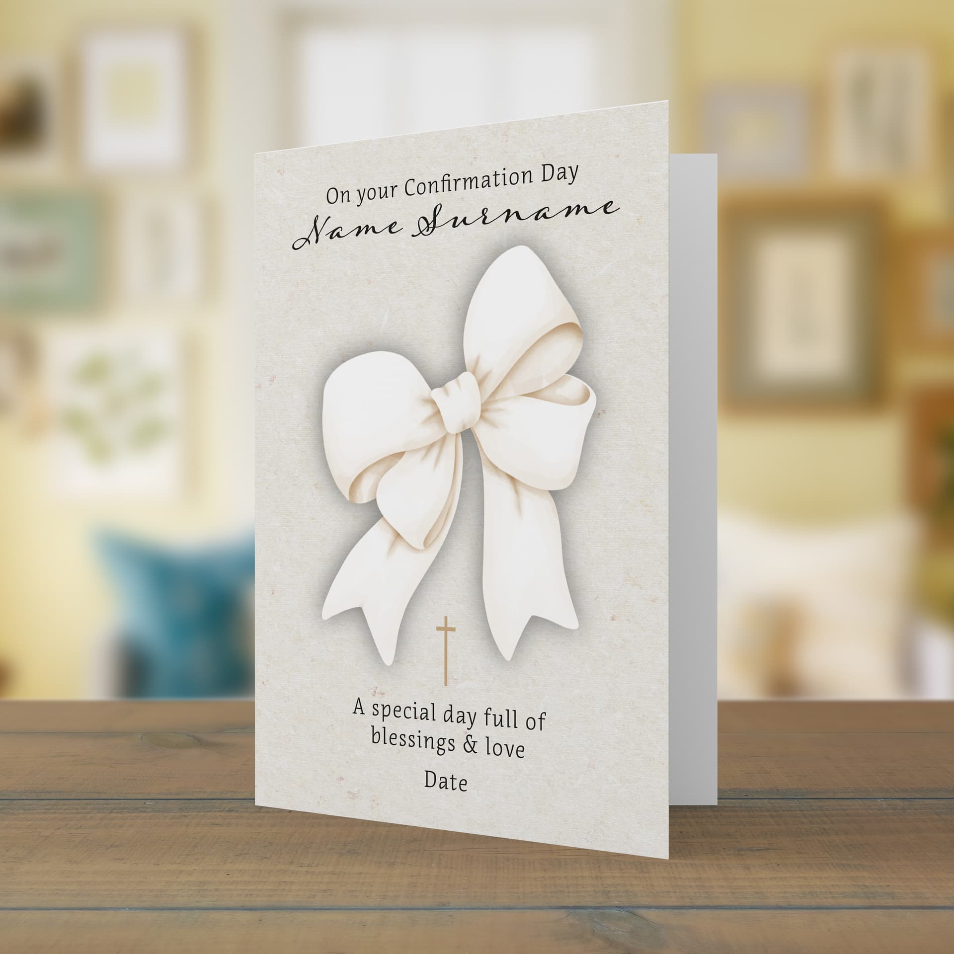 A cute big bow themed A5 confirmation card with small gold cross in English (Personalisable)