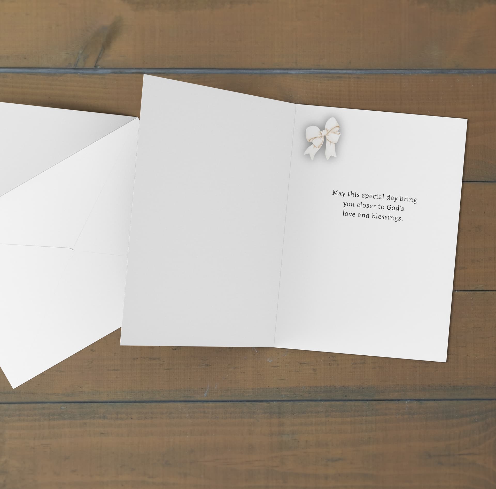 A cute big bow themed A5 confirmation card with small gold cross in English (Personalisable)