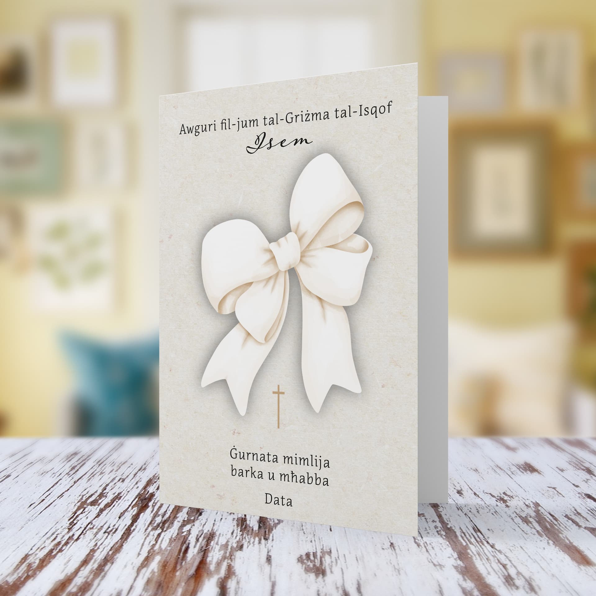 A cute big bow themed confirmation card with small gold cross in Maltese (Personalisable)