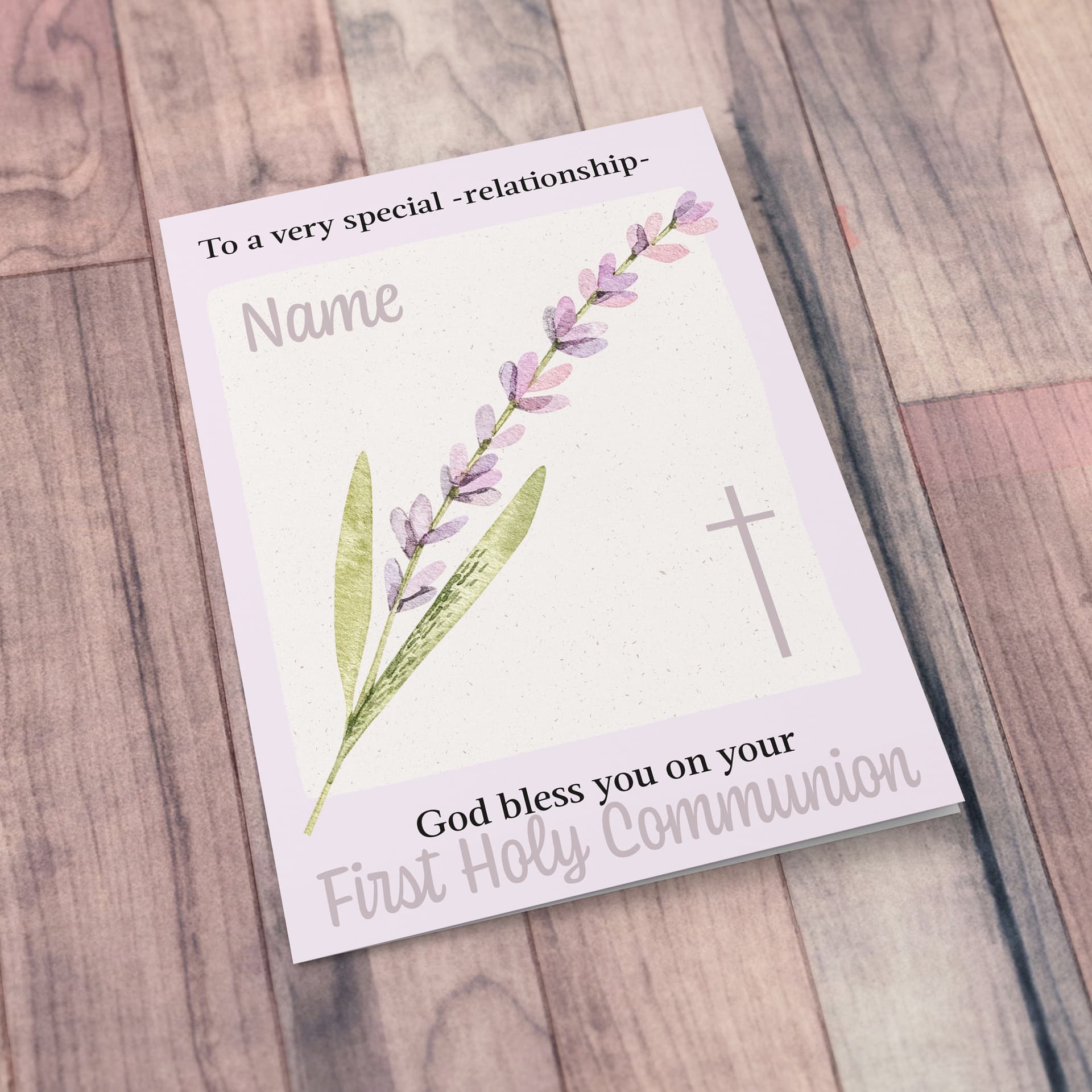 A Petite First Holy Communion a5 Card for a very special "Enter relationship" in pink / purple tones in English (Personaliable)