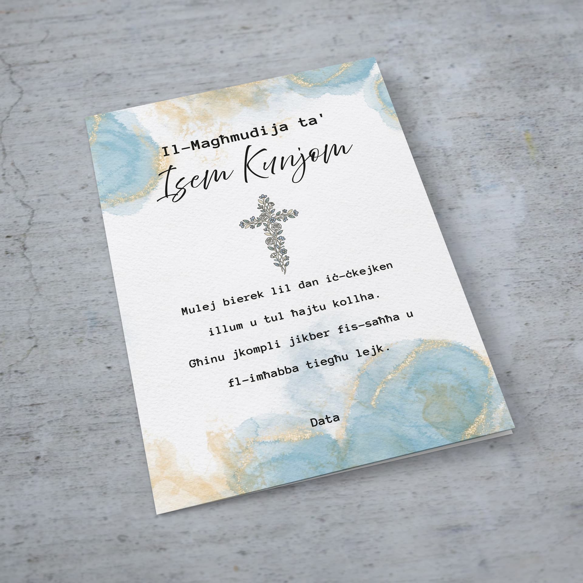 A beautiful baptism card for boys featuring a floral cross, and a background with touches of gold and light blue in Maltese (Personalisable)
