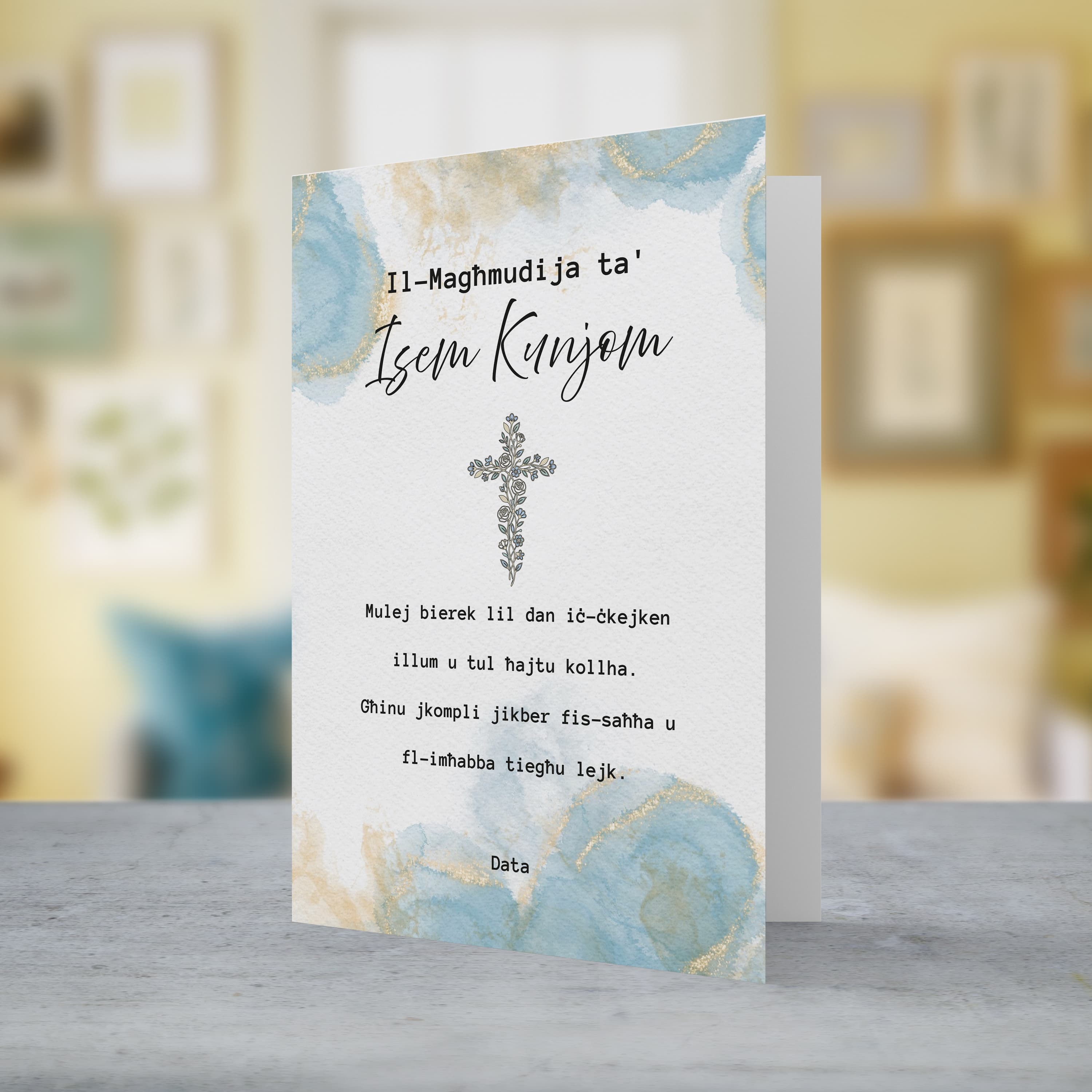 A beautiful baptism card for boys featuring a floral cross, and a background with touches of gold and light blue in Maltese (Personalisable)