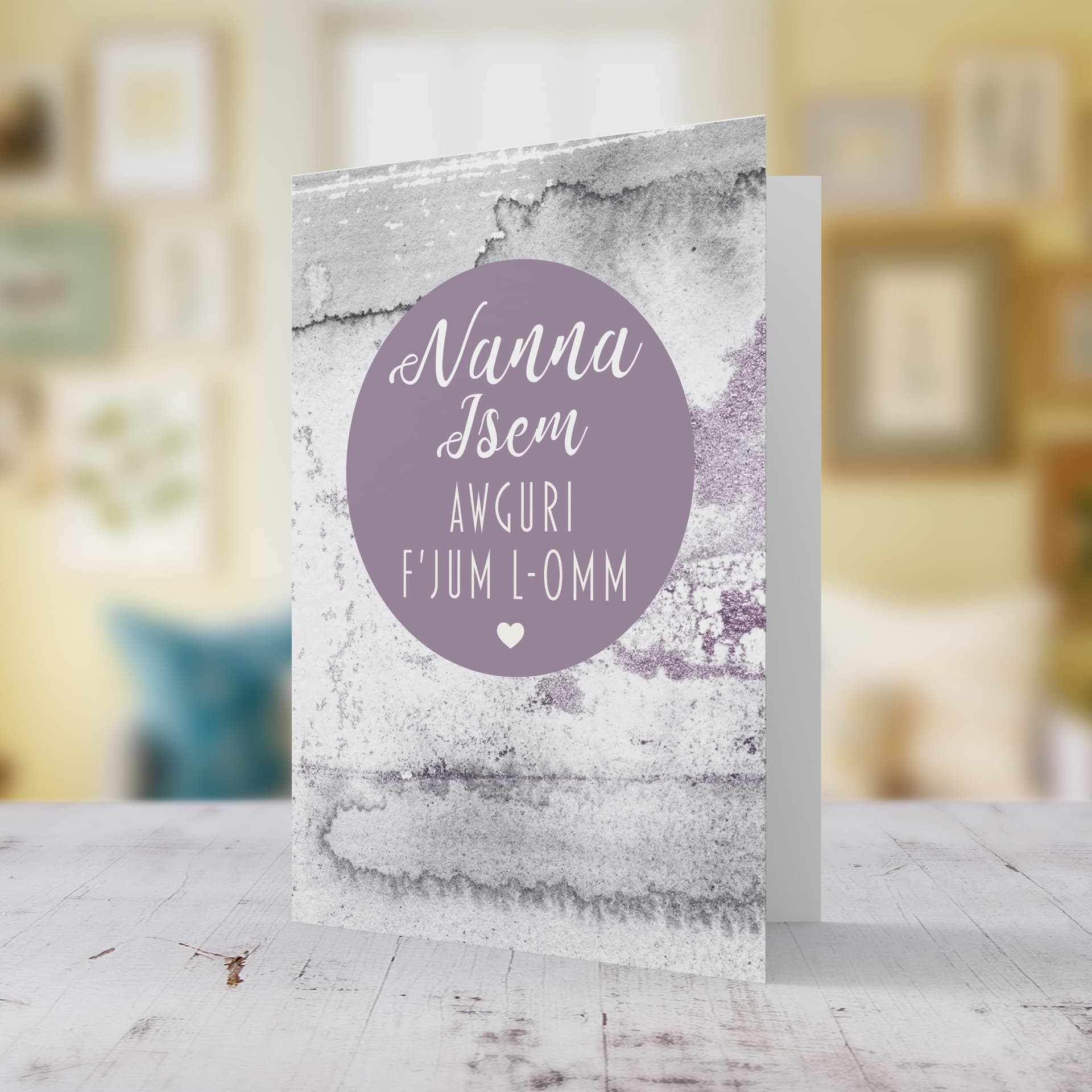 An A5 mother's day card featuring a watercolour background with purple circle for Grandma in Maltese 