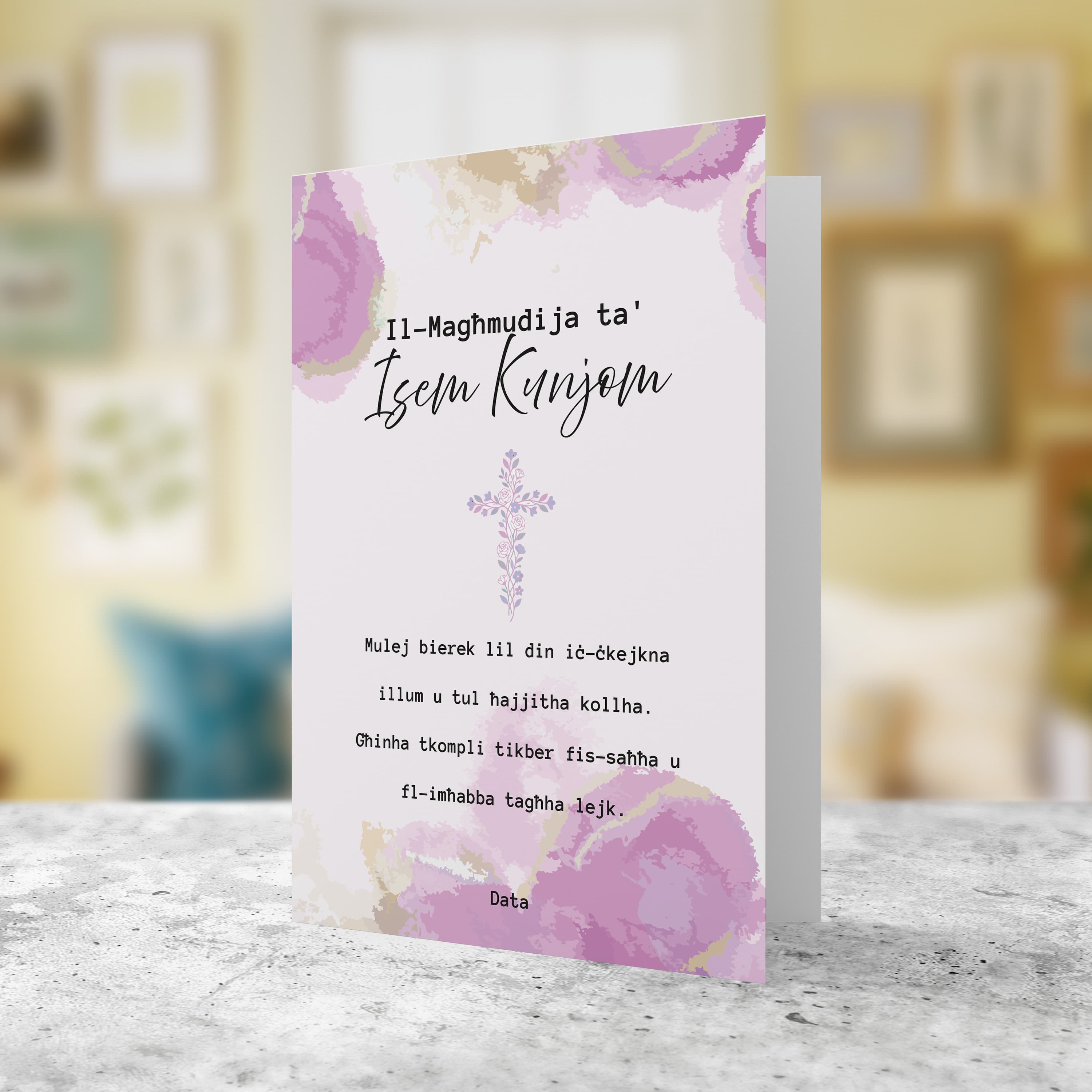 A beautiful baptism card for girls featuring a floral cross, and a background with touches of gold and pink in Maltese (Personalisable)