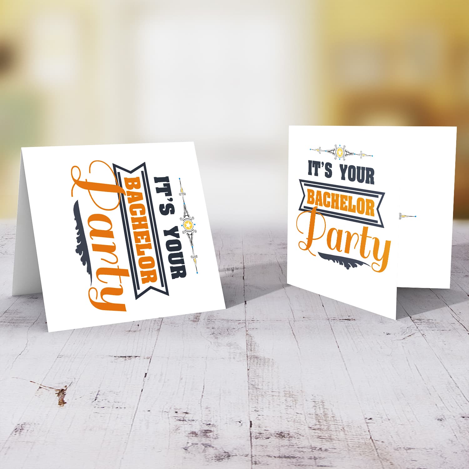 It's your bachelor Party card in dark blue and orange text in English