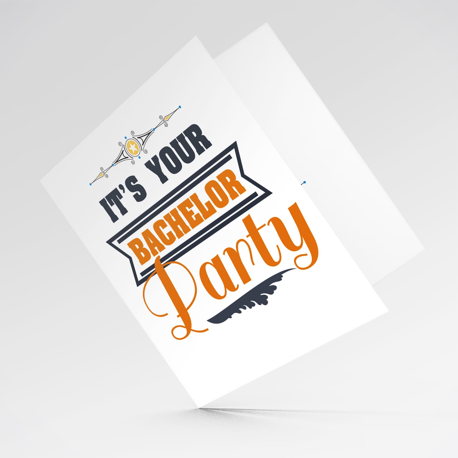 It's your bachelor Party card in dark blue and orange text in English