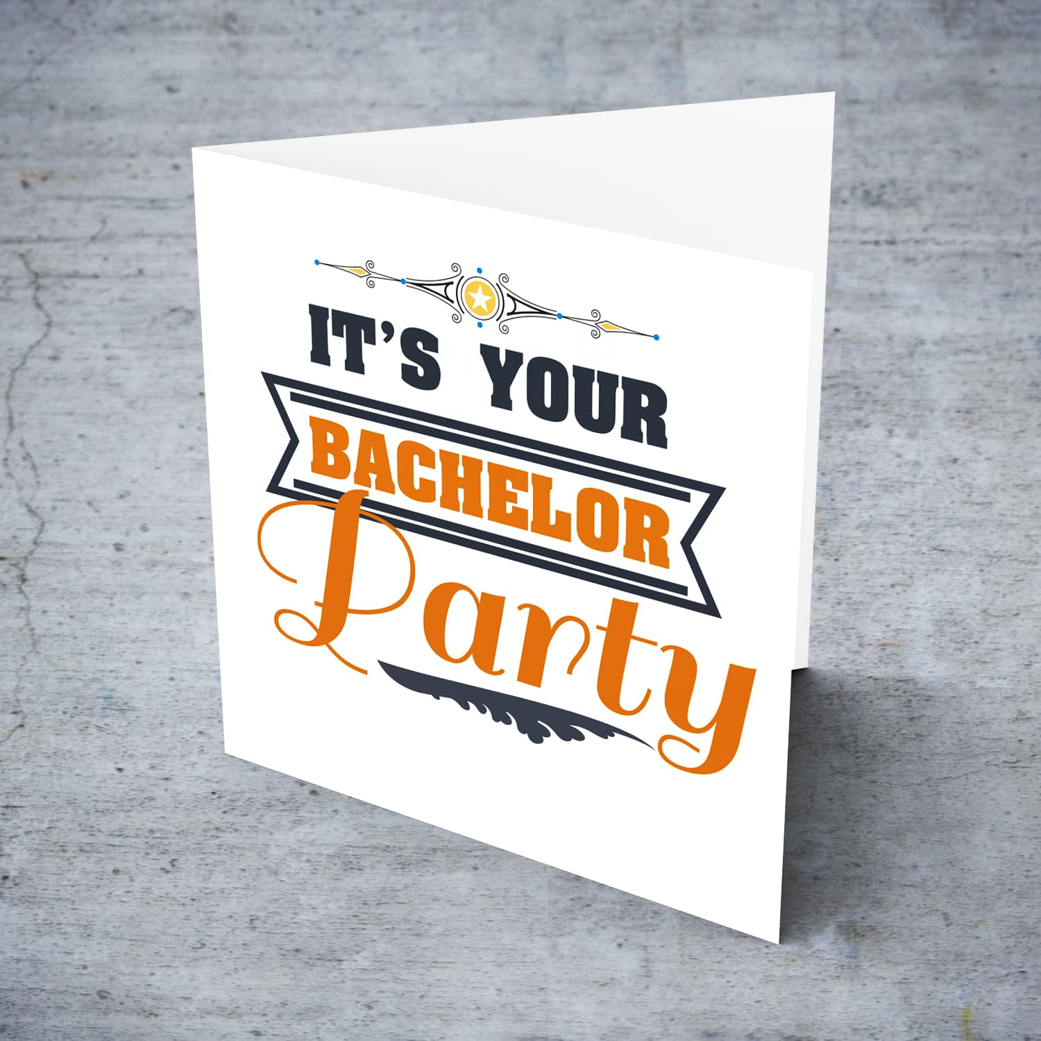 It's your bachelor Party card in dark blue and orange text in English
