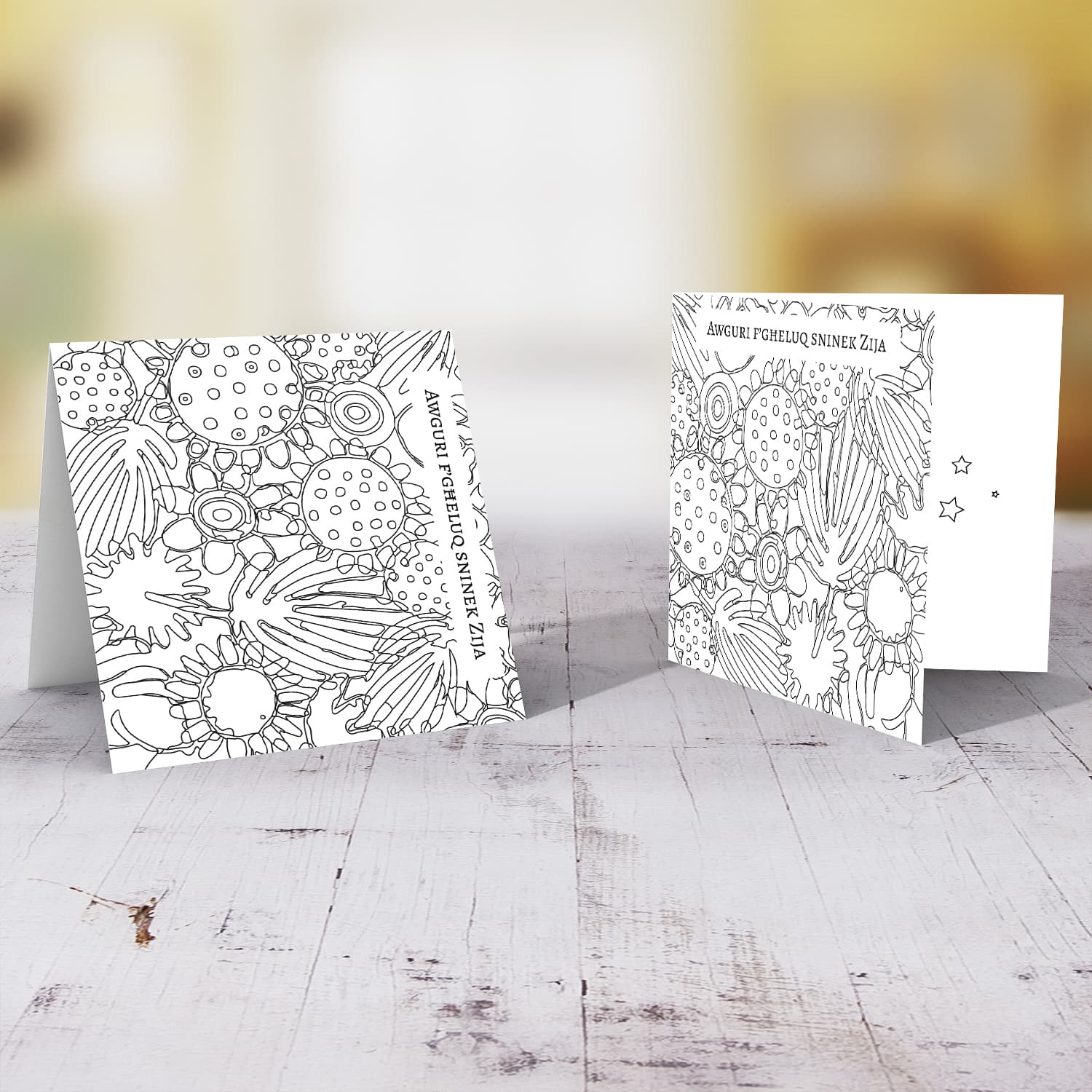 Colouring birthday card full of flowers and leaves for Aunty in Maltese
