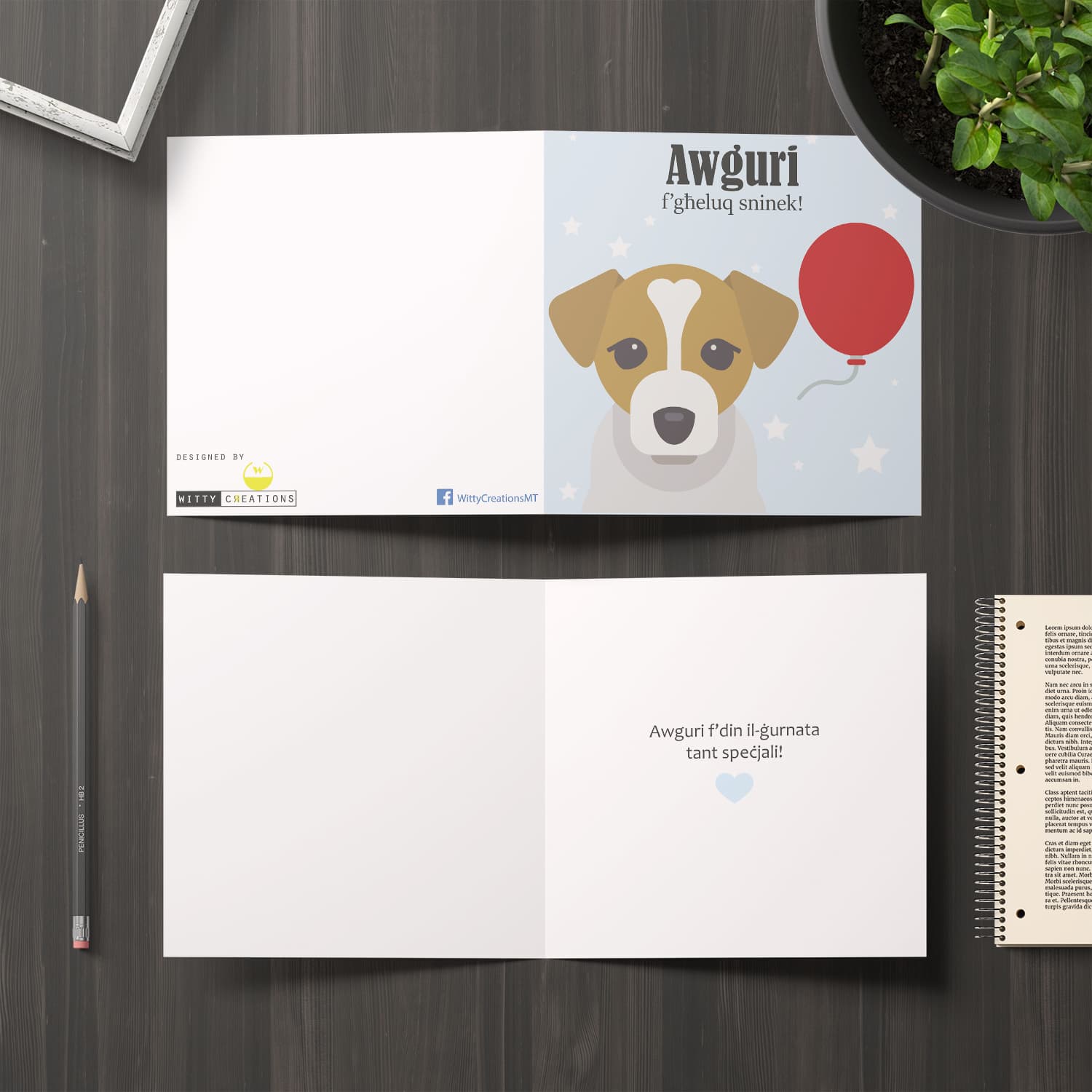 Dog themed  birthday card with red balloon for boys in Maltese