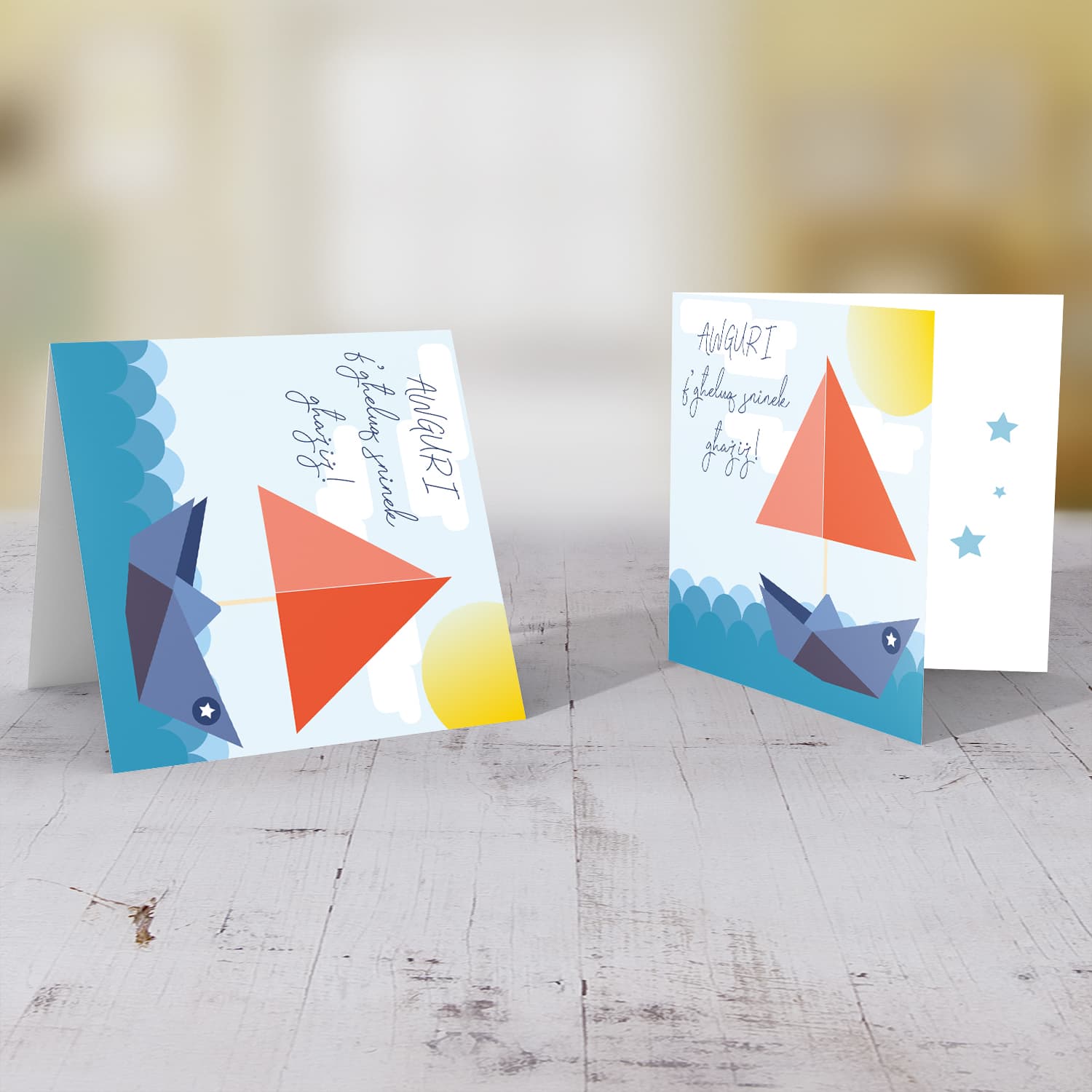 Paper boat themed birthday card for boys in Maltese