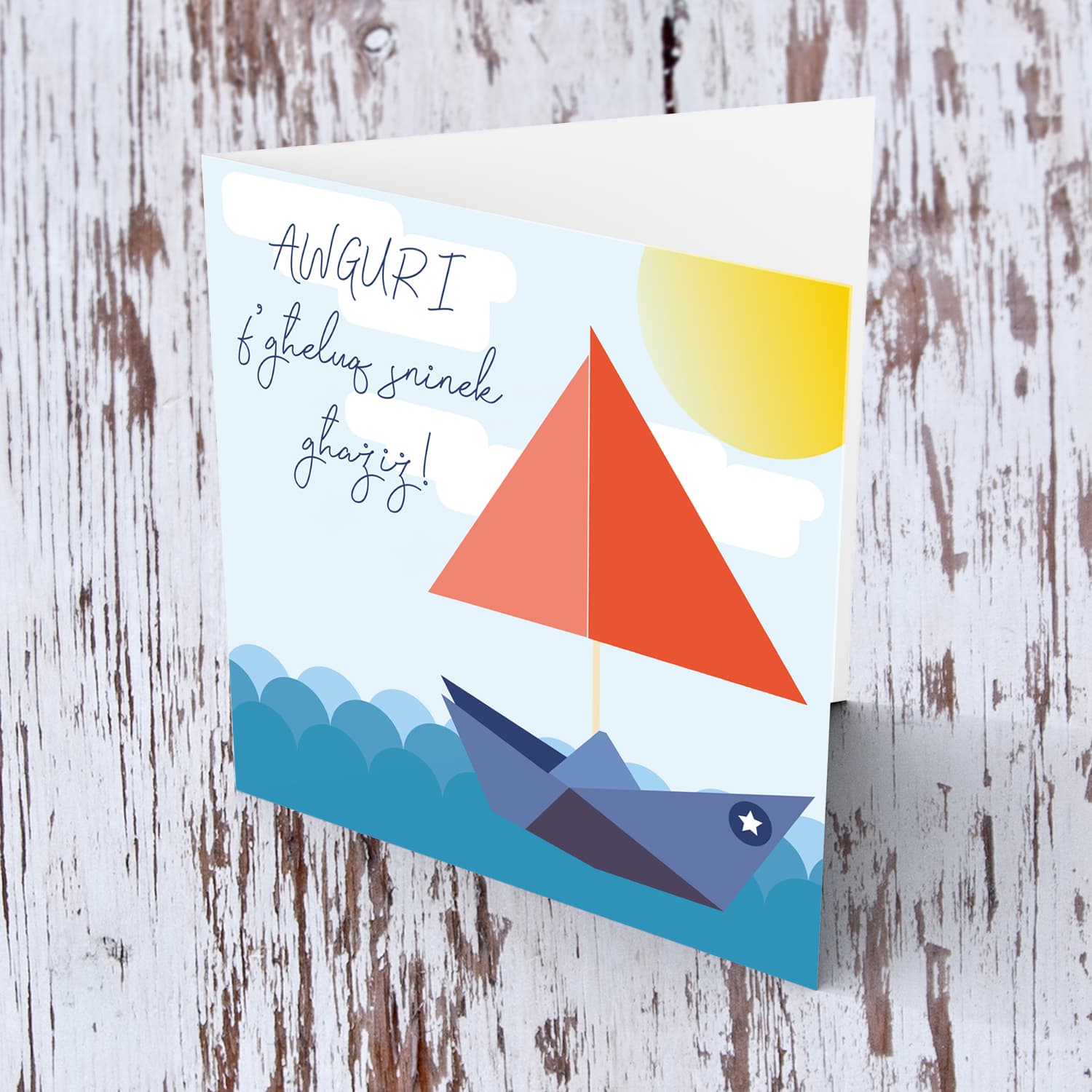 Paper boat themed birthday card for boys in Maltese
