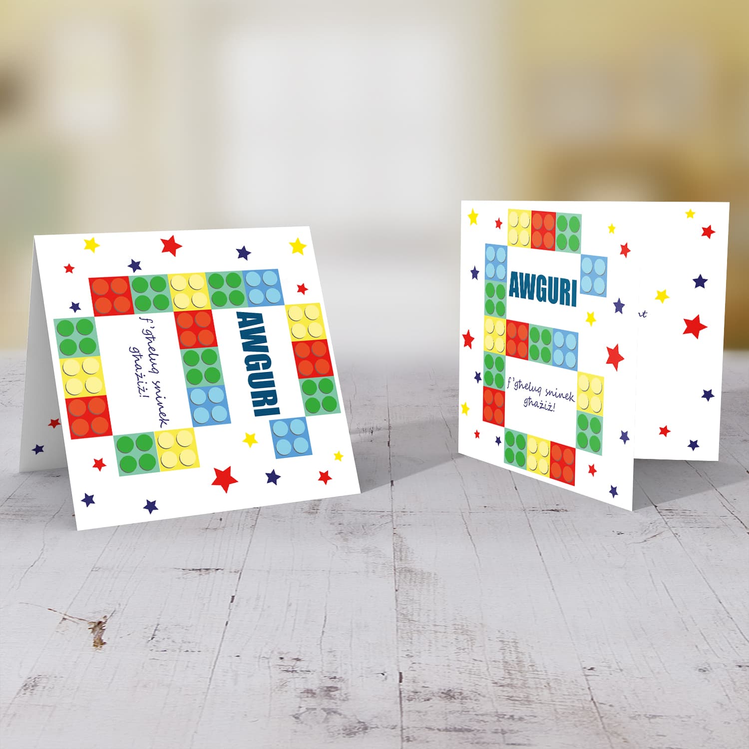 6 - Legos, 6th Birthday Card in Maltese with colourful stars