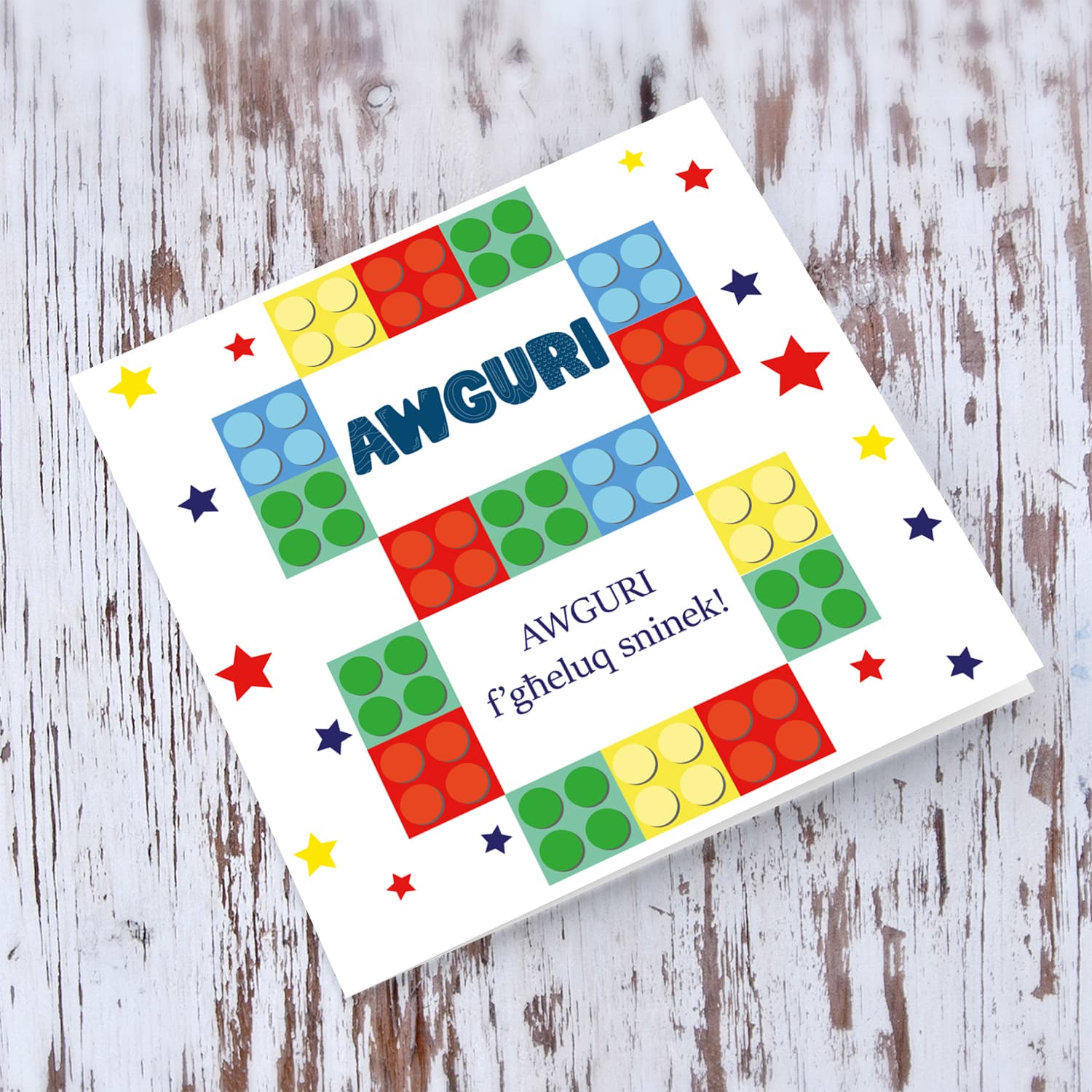 8 - Legos, 8th Birthday Card in Maltese with colourful stars