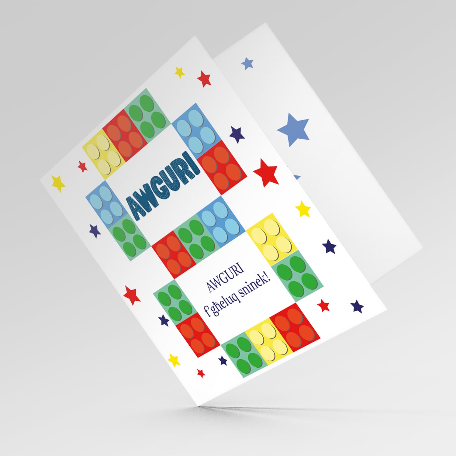 8 - Legos, 8th Birthday Card in Maltese with colourful stars