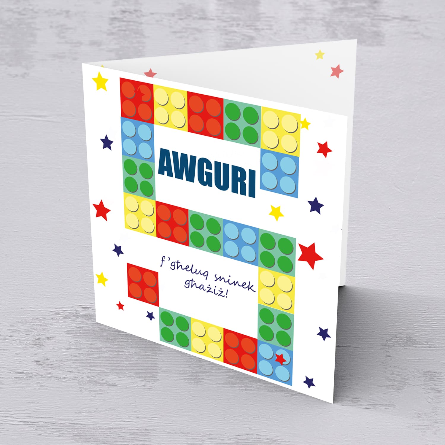 5 - Legos, 5th Birthday Card in Maltese with colourful stars