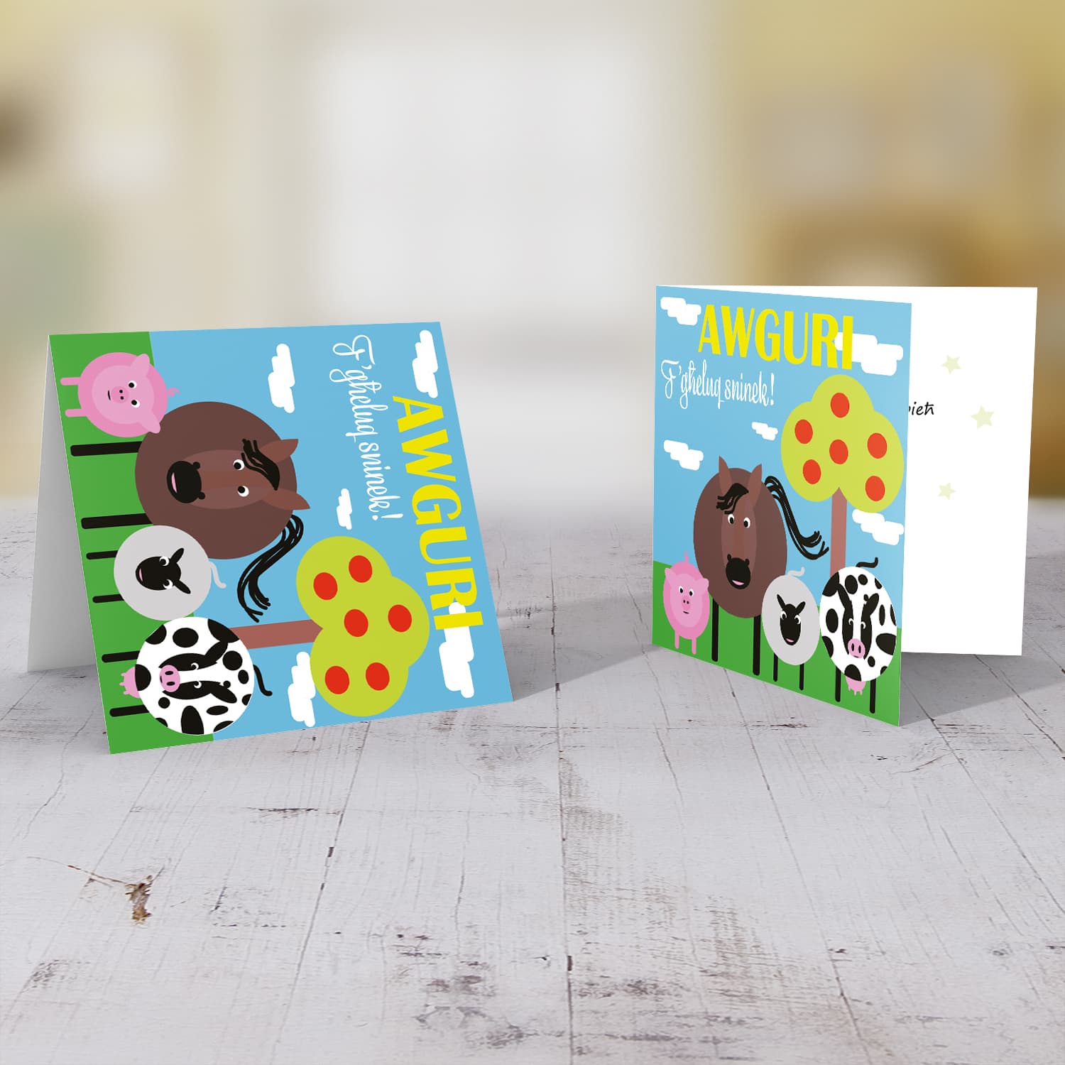 Animal themed birthday card including pig, horse, sheep and cow with apple tree in Maltese