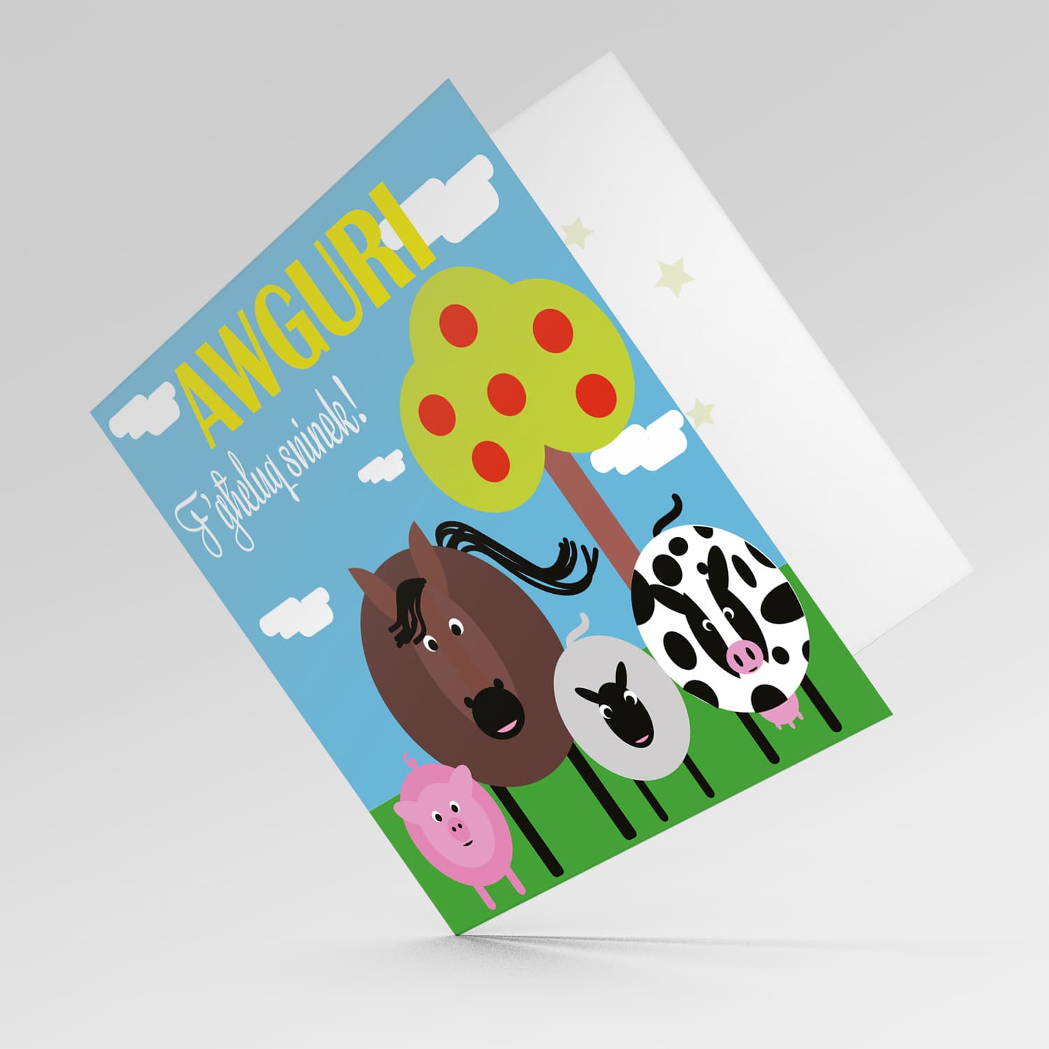 Animal themed birthday card including pig, horse, sheep and cow with apple tree in Maltese