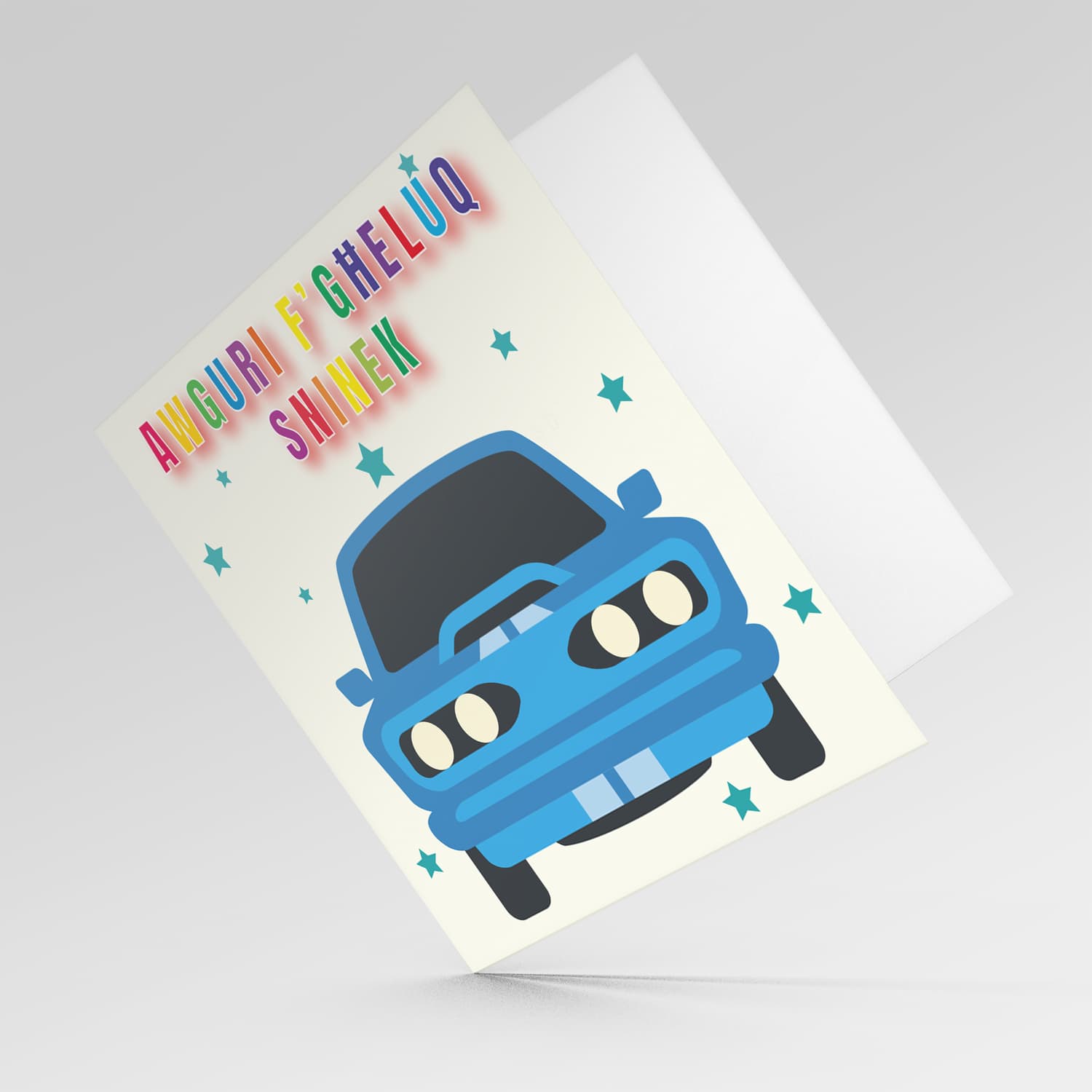 Blue car themed birthday card for boys in Maltese 