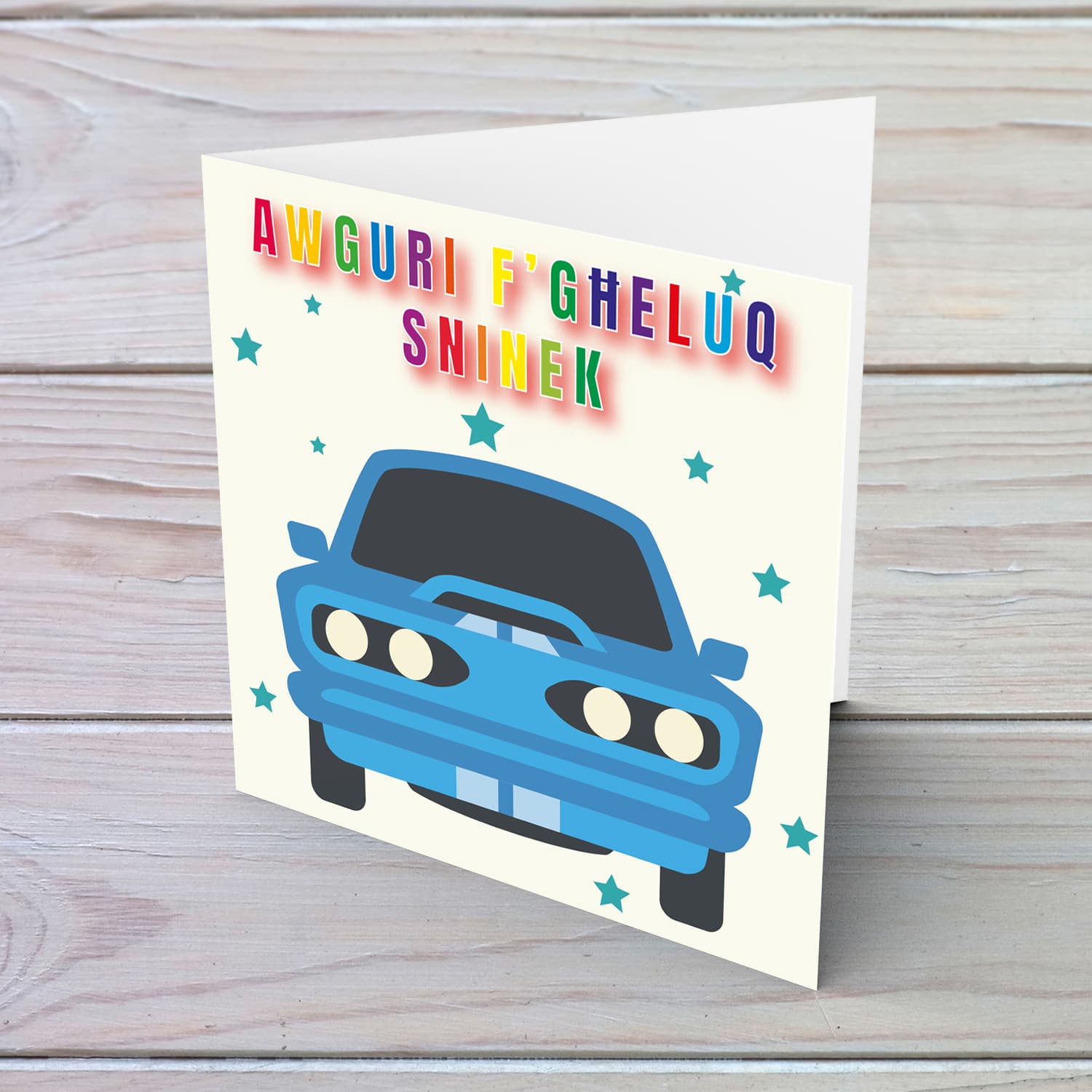 Blue car themed birthday card for boys in Maltese 