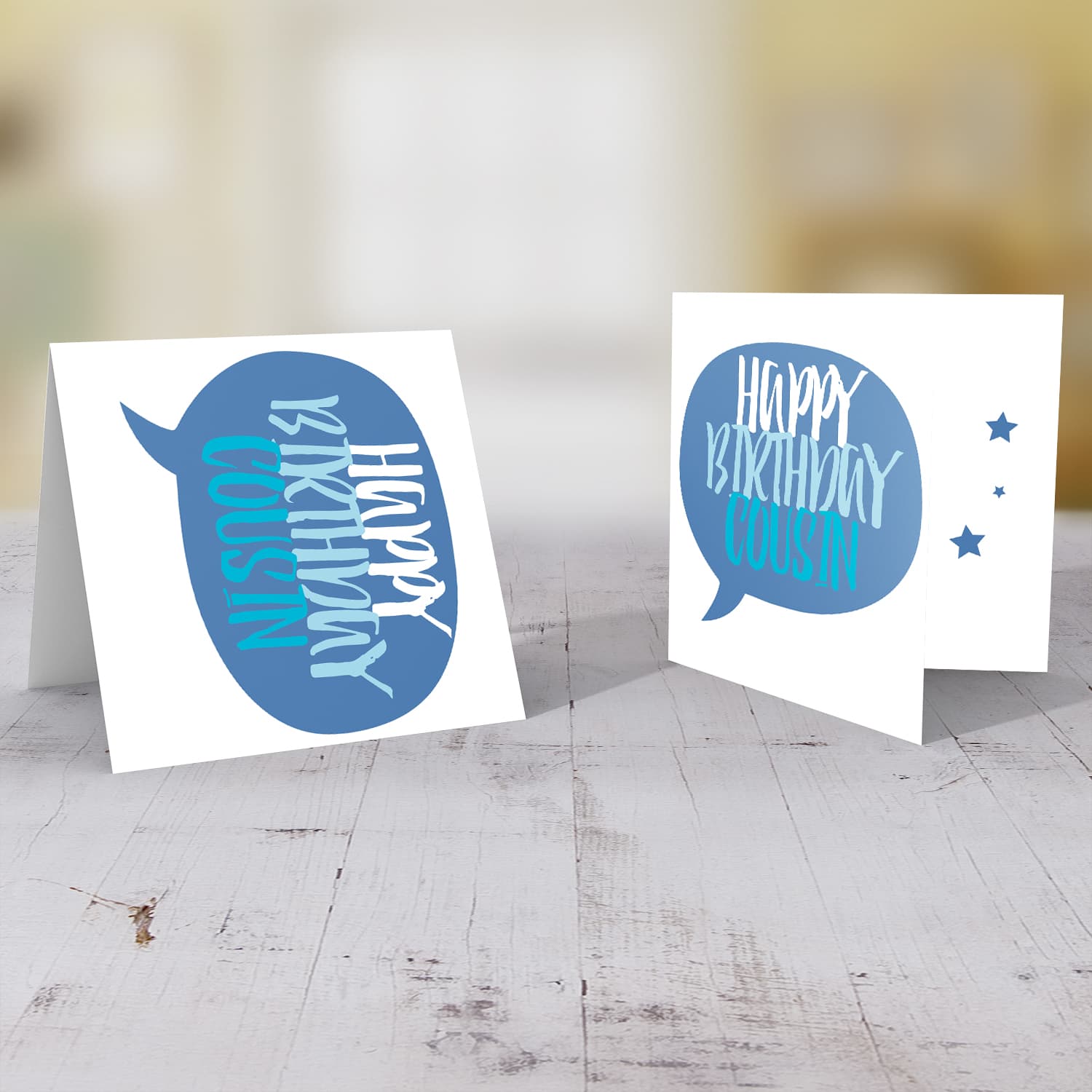 Speech bubble themed birthday card in blue tones (English) for Cousin