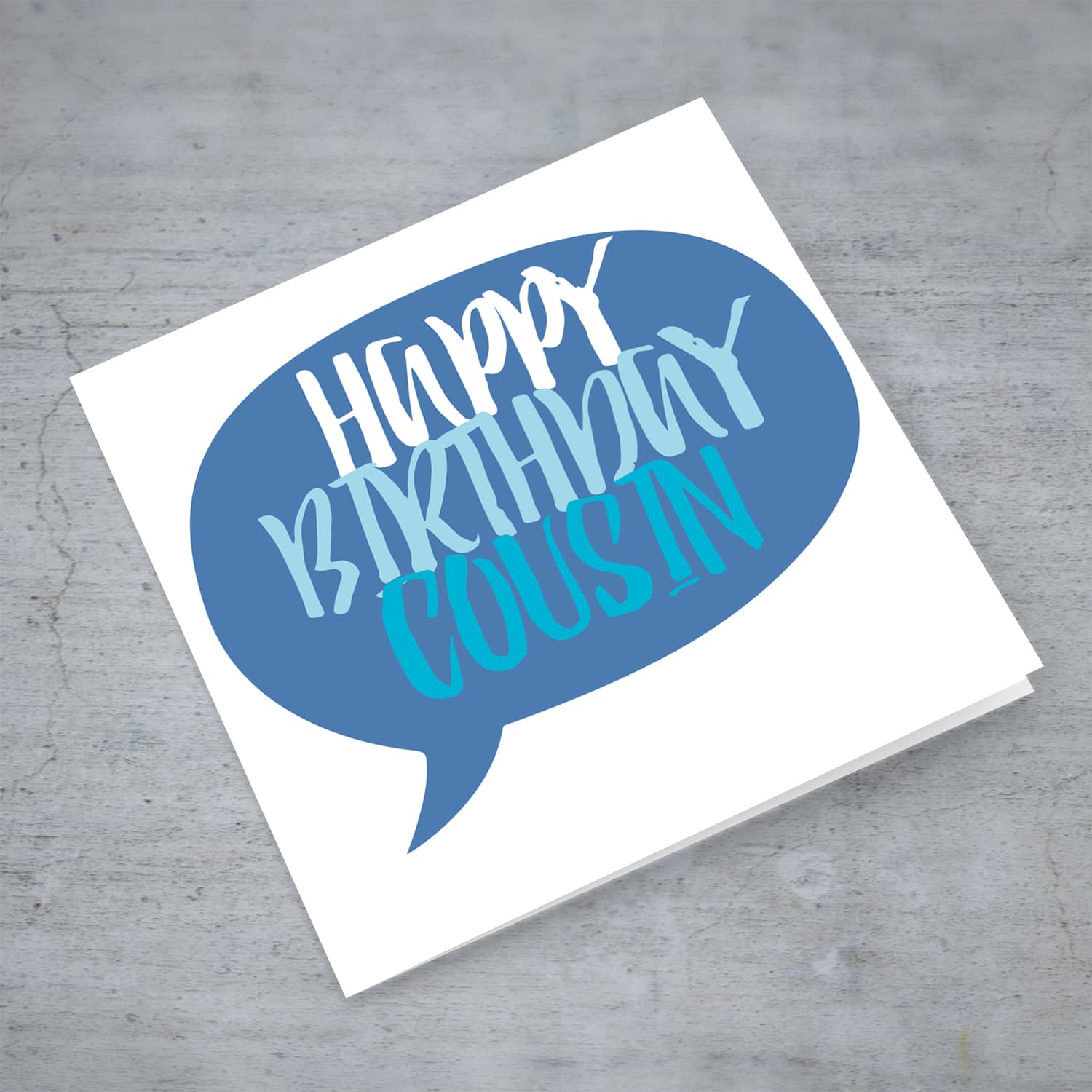 Speech bubble themed birthday card in blue tones (English) for Cousin