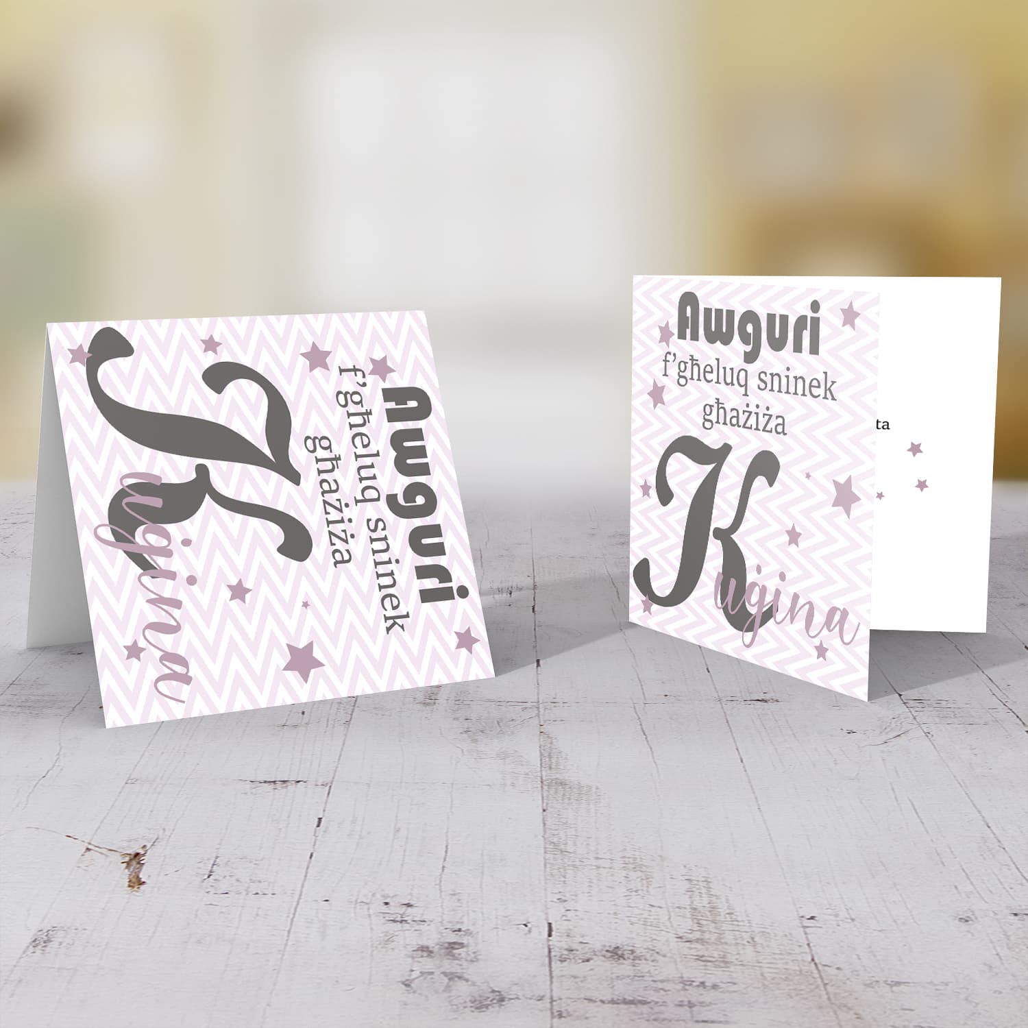 Pink with zigzag background and scattered stars birthday card for Cousin in Maltese
