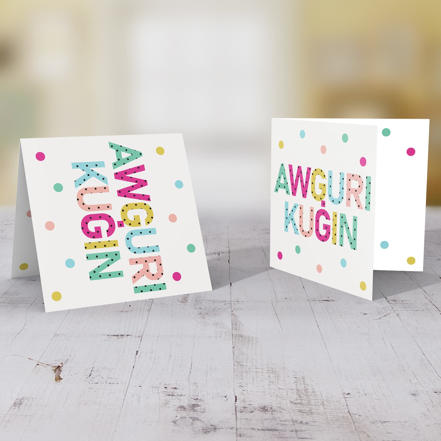 Colourful text with polka dots - Awguri kuġin - birthday card for cousin in Maltese (Male)