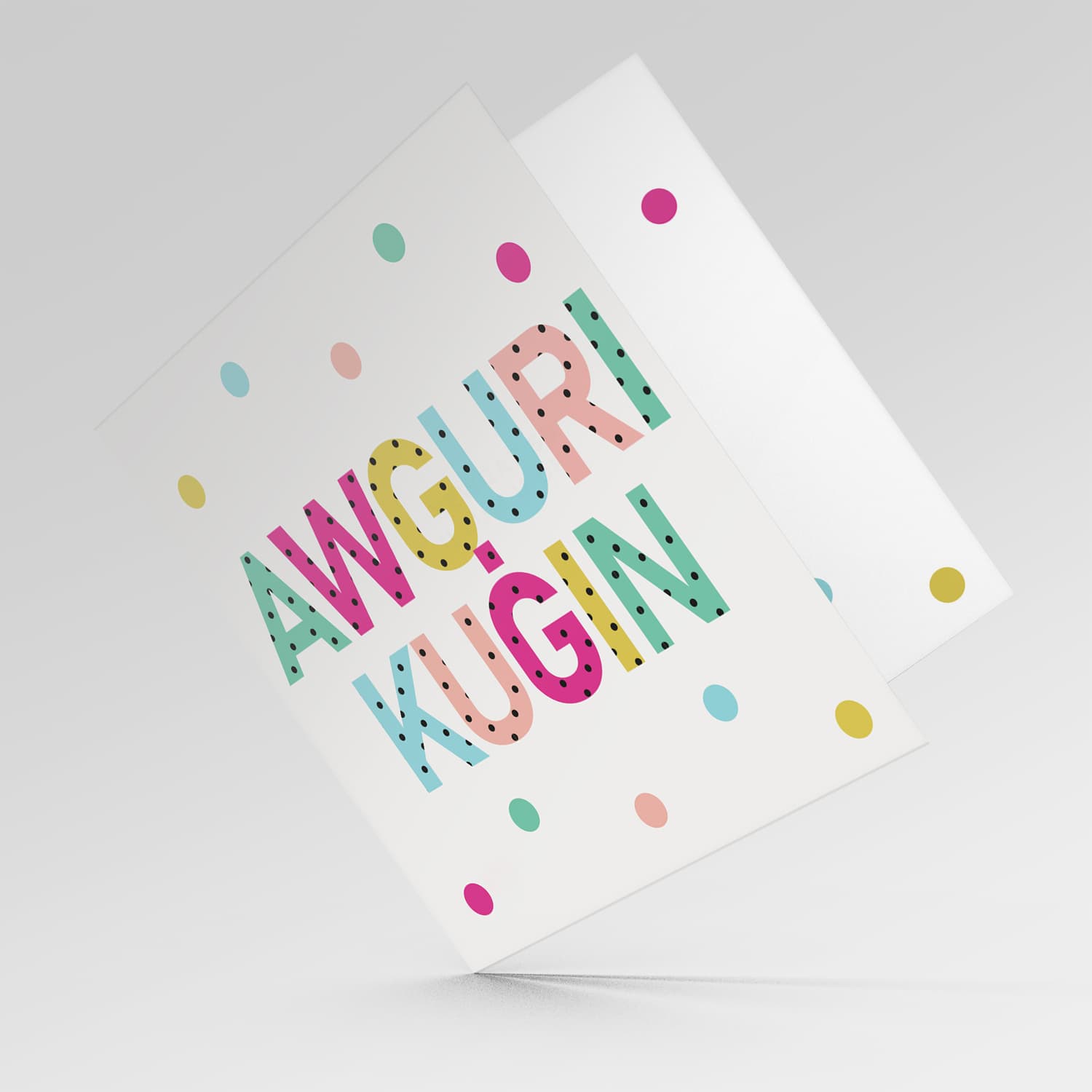Colourful text with polka dots - Awguri kuġin - birthday card for cousin in Maltese (Male)