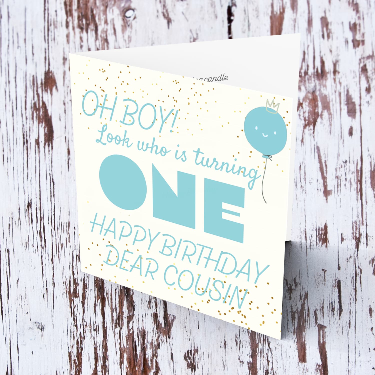 Look who's turning ONE - birthday card for a dear cousin with blue/turquoise text with cute balloon in English