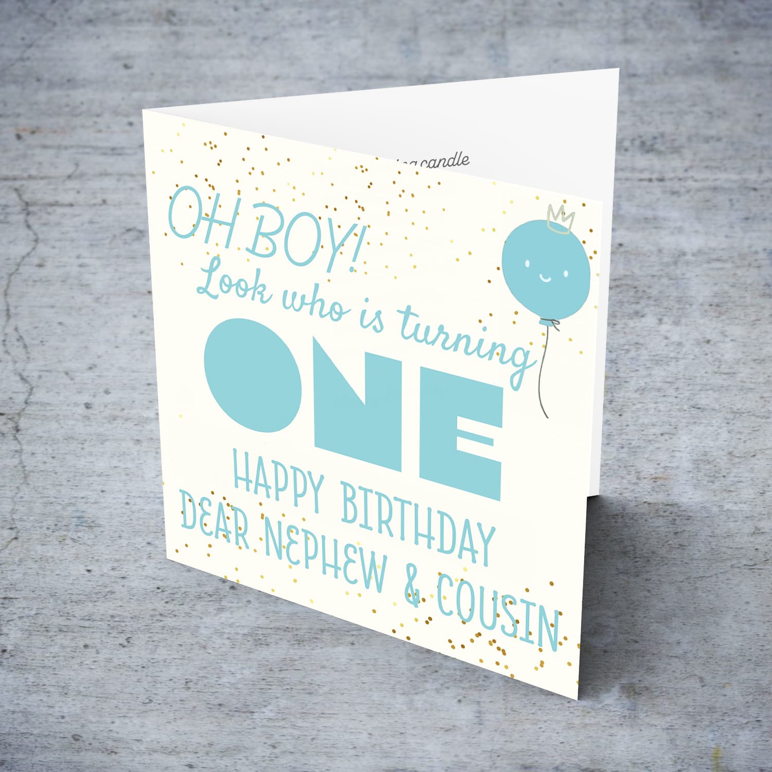 Look who's turning ONE - birthday card for a dear nephew cousin with blue/turquoise text with cute balloon in English (2 in 1)