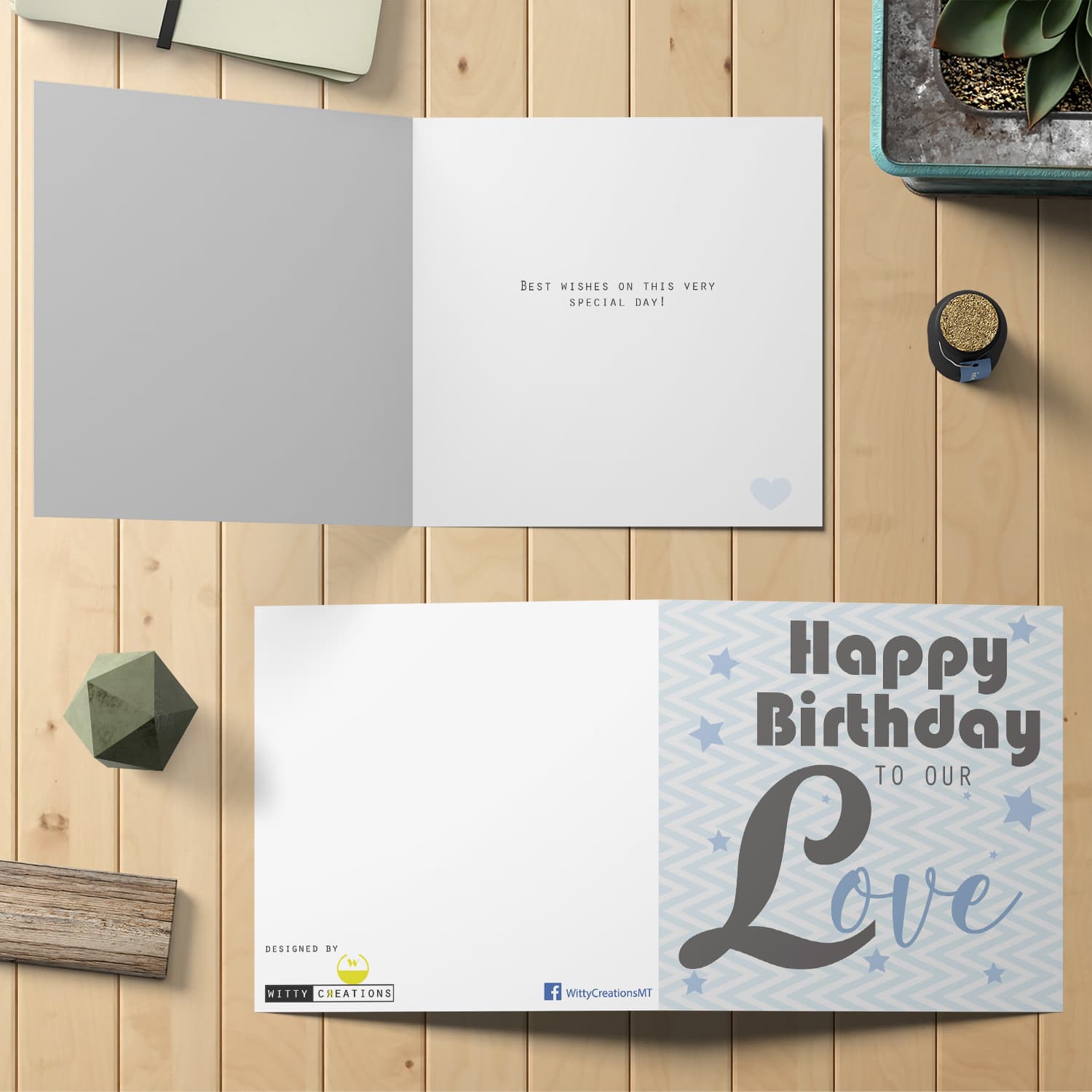 Grey and Blue themed card with a zig zag background in English - To our love