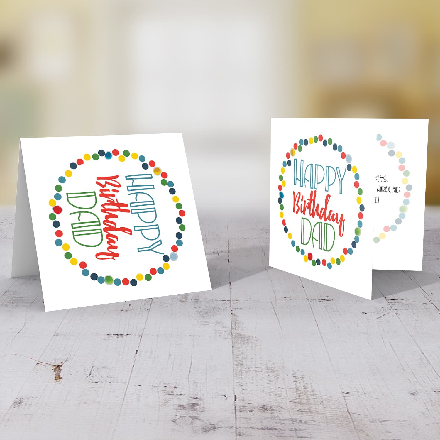 Colourful circles and text birthday card for dad in English