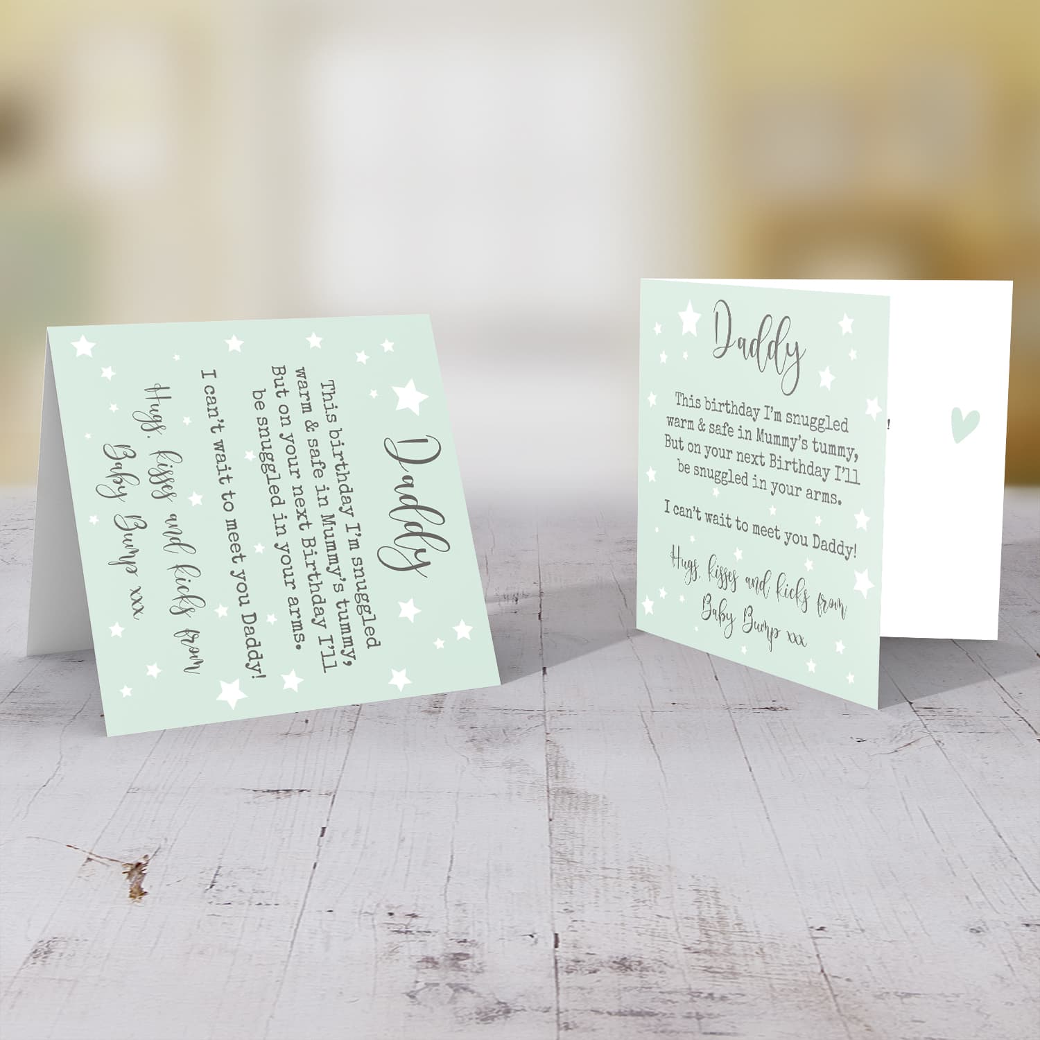 Daddy to be birthday card in pastel green background with scattered stars in English