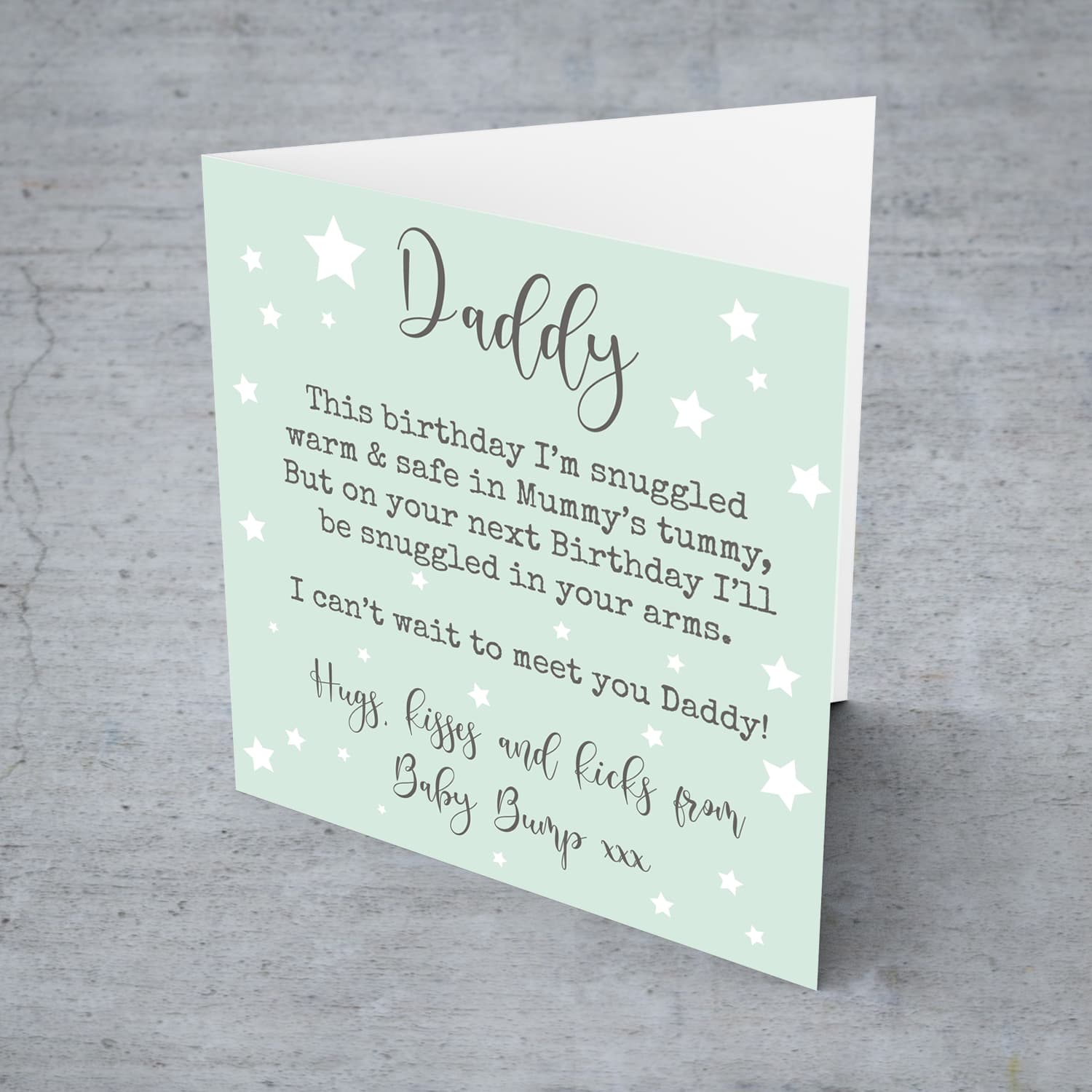 Daddy to be birthday card in pastel green background with scattered stars in English
