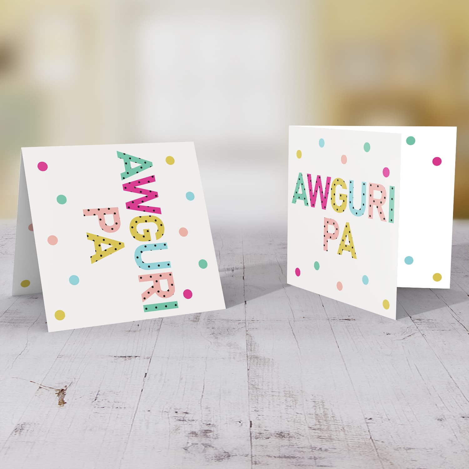Colourful text with polka dots - Awguri Pa - birthday card for Dad in Maltese