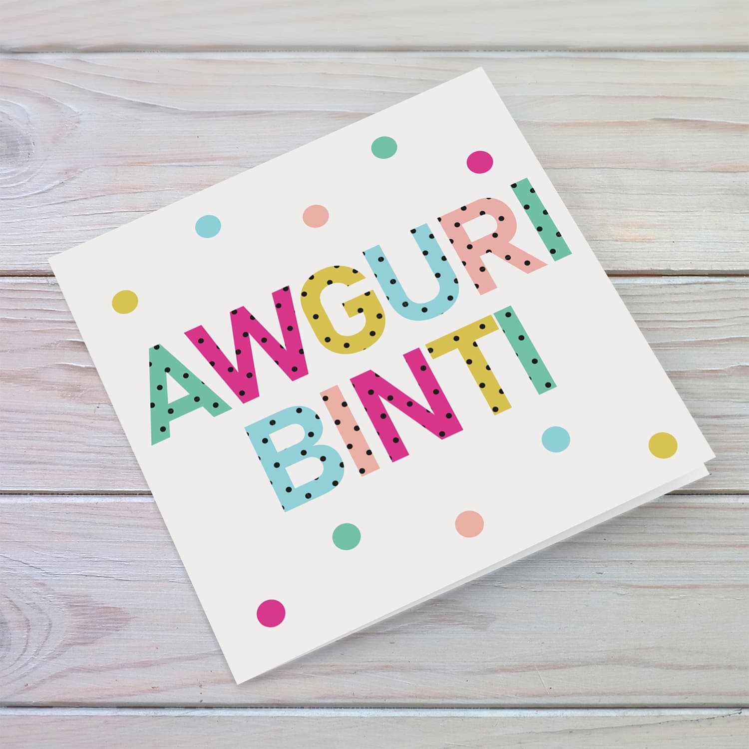 Colourful text with polka dots - Awguri Binti - birthday card for Daughter in Maltese