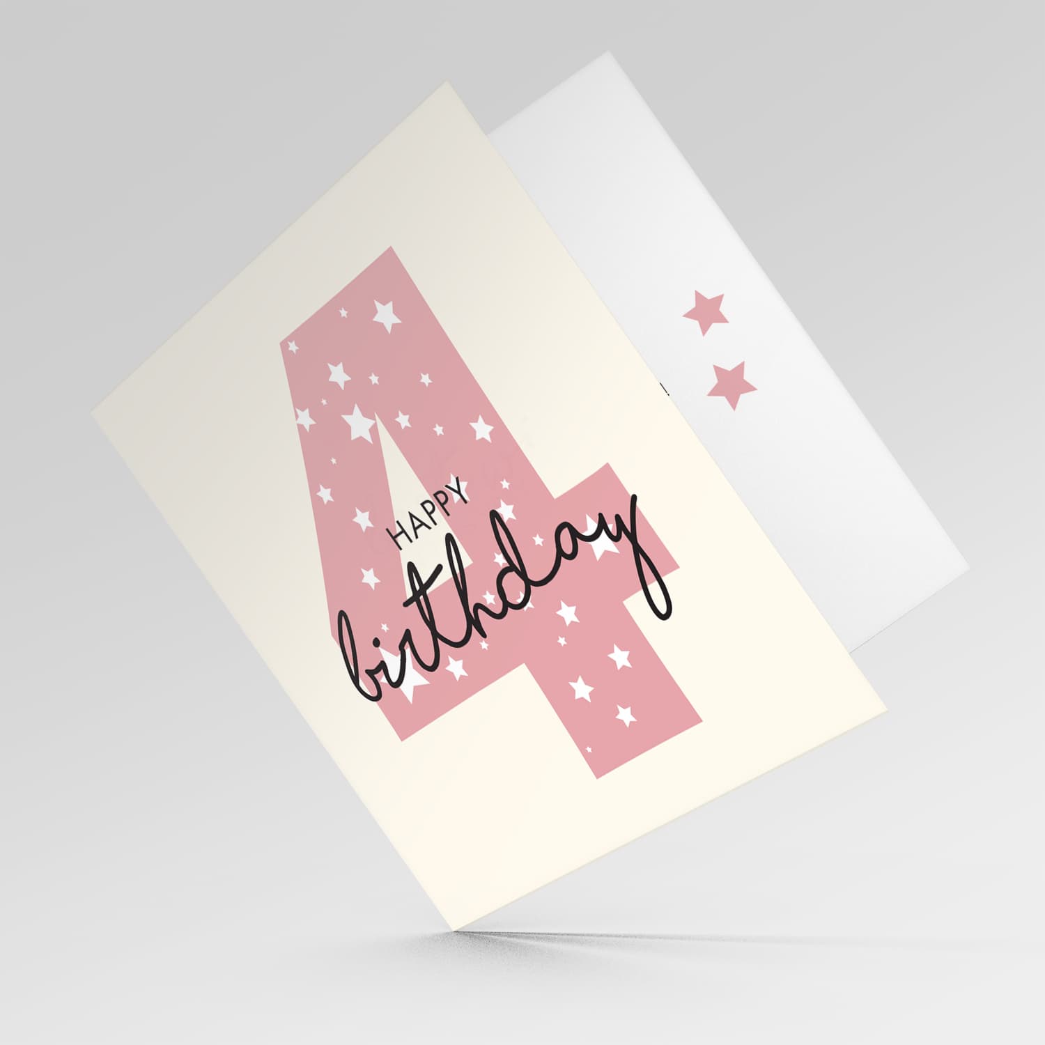 Pink number 4 with scattered white hearts birthday card in English