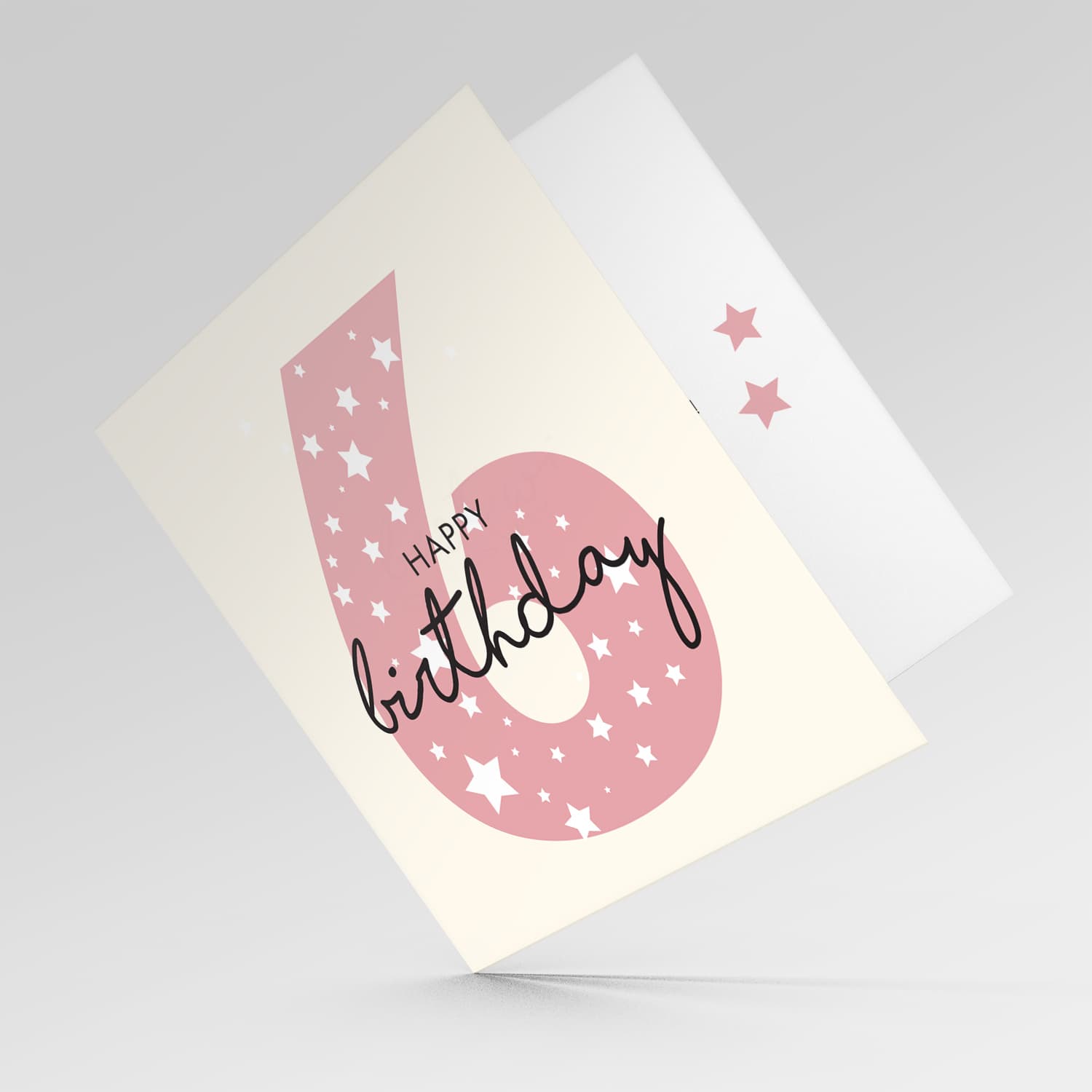 Pink number 6 with scattered white hearts birthday card in English