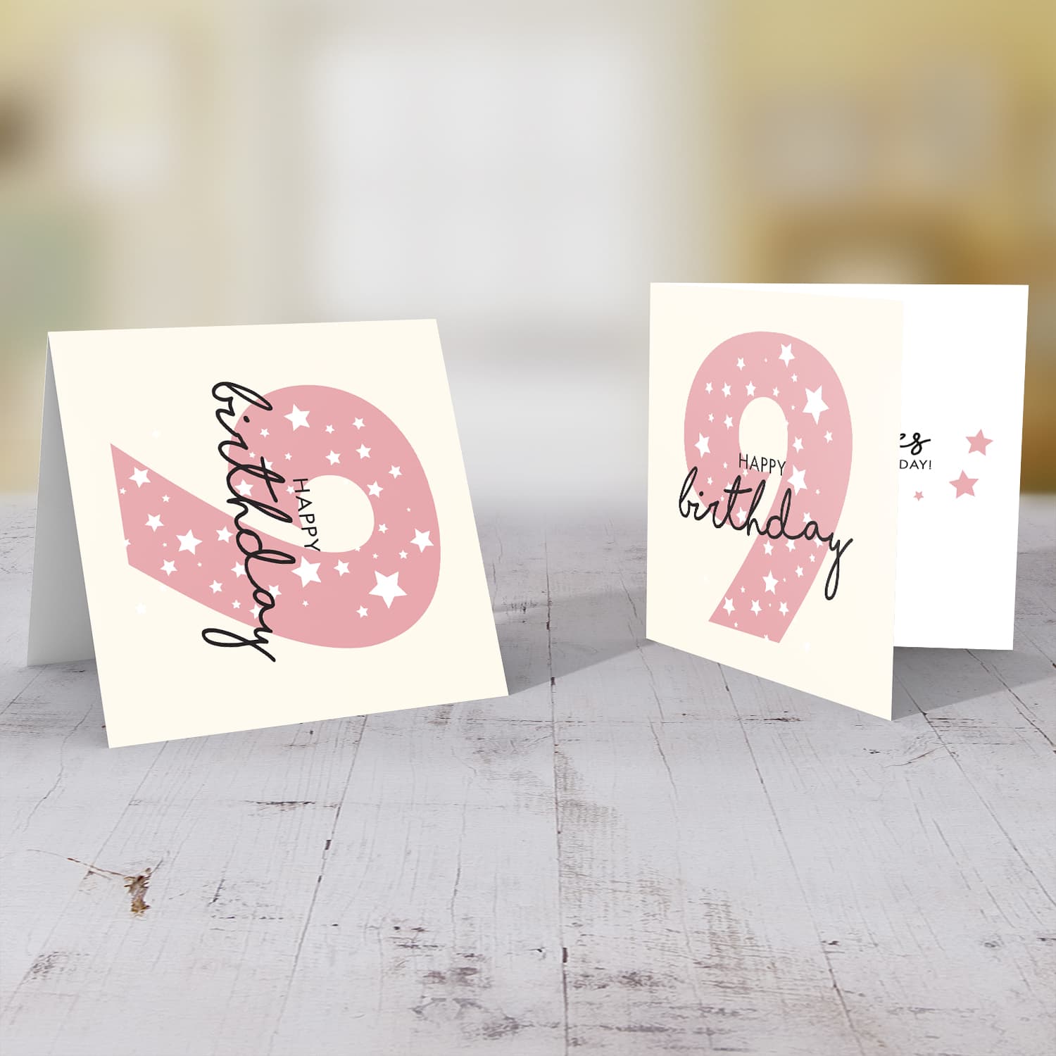 Pink number 9 with scattered white hearts birthday card in English