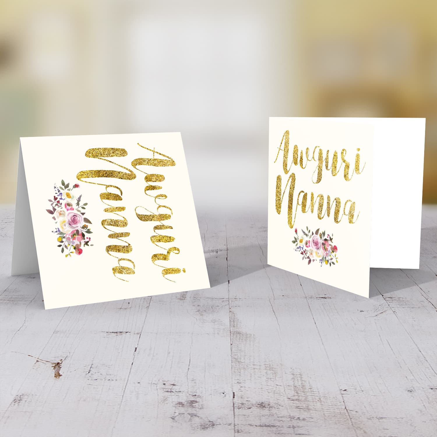 Golden glitter birthday card for Grandma with flowers in Maltese