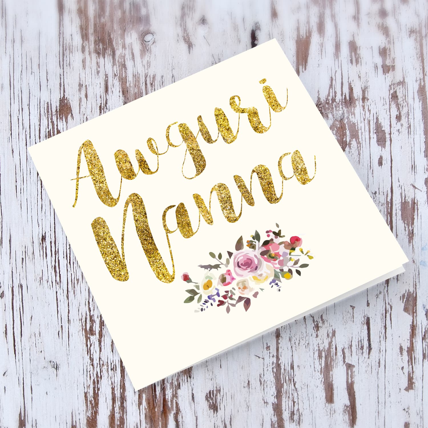 Golden glitter birthday card for Grandma with flowers in Maltese