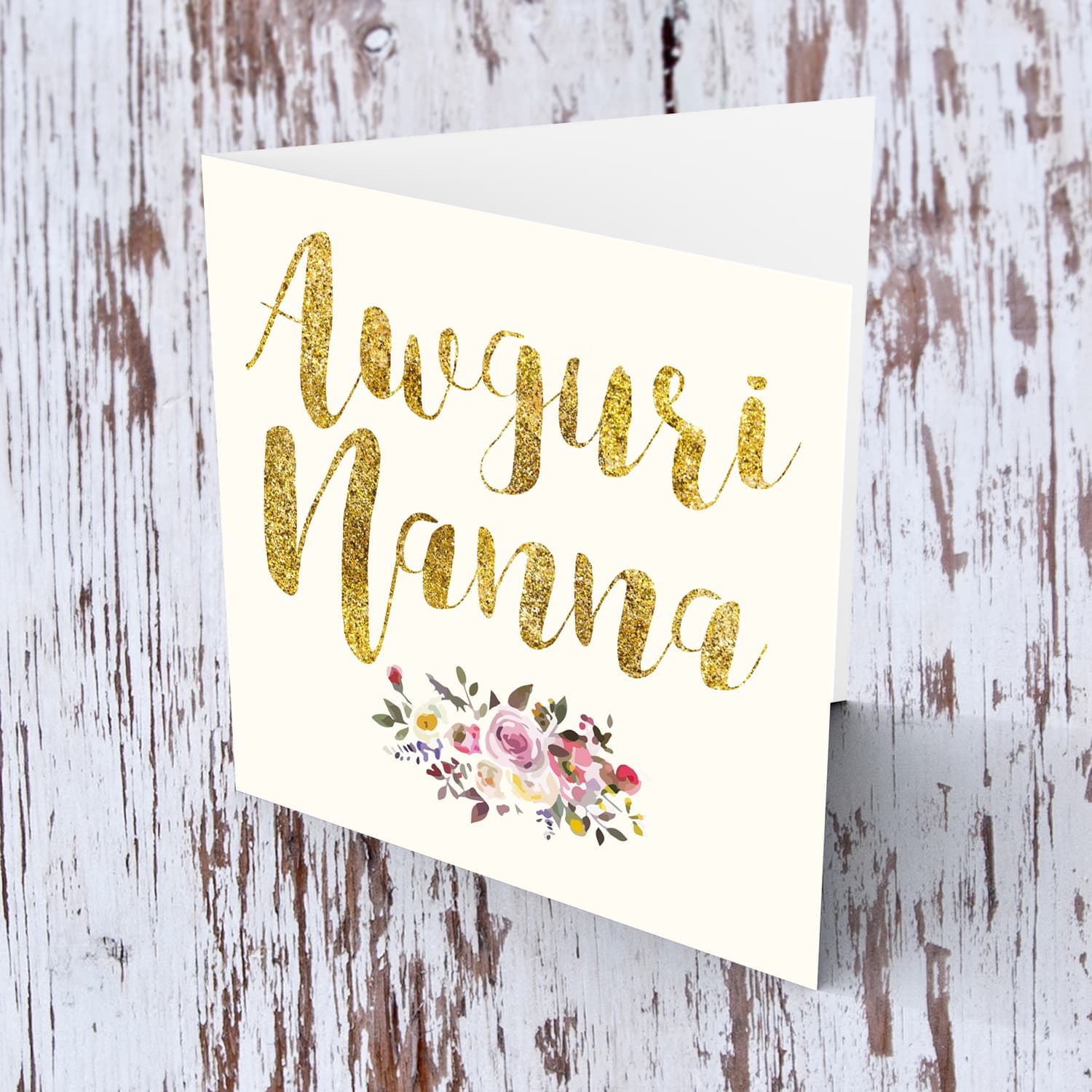 Golden glitter birthday card for Grandma with flowers in Maltese