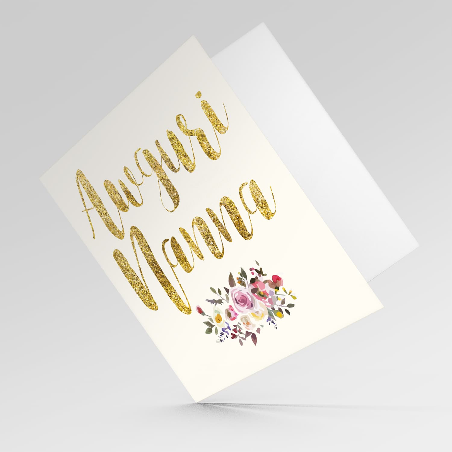 Golden glitter birthday card for Grandma with flowers in Maltese
