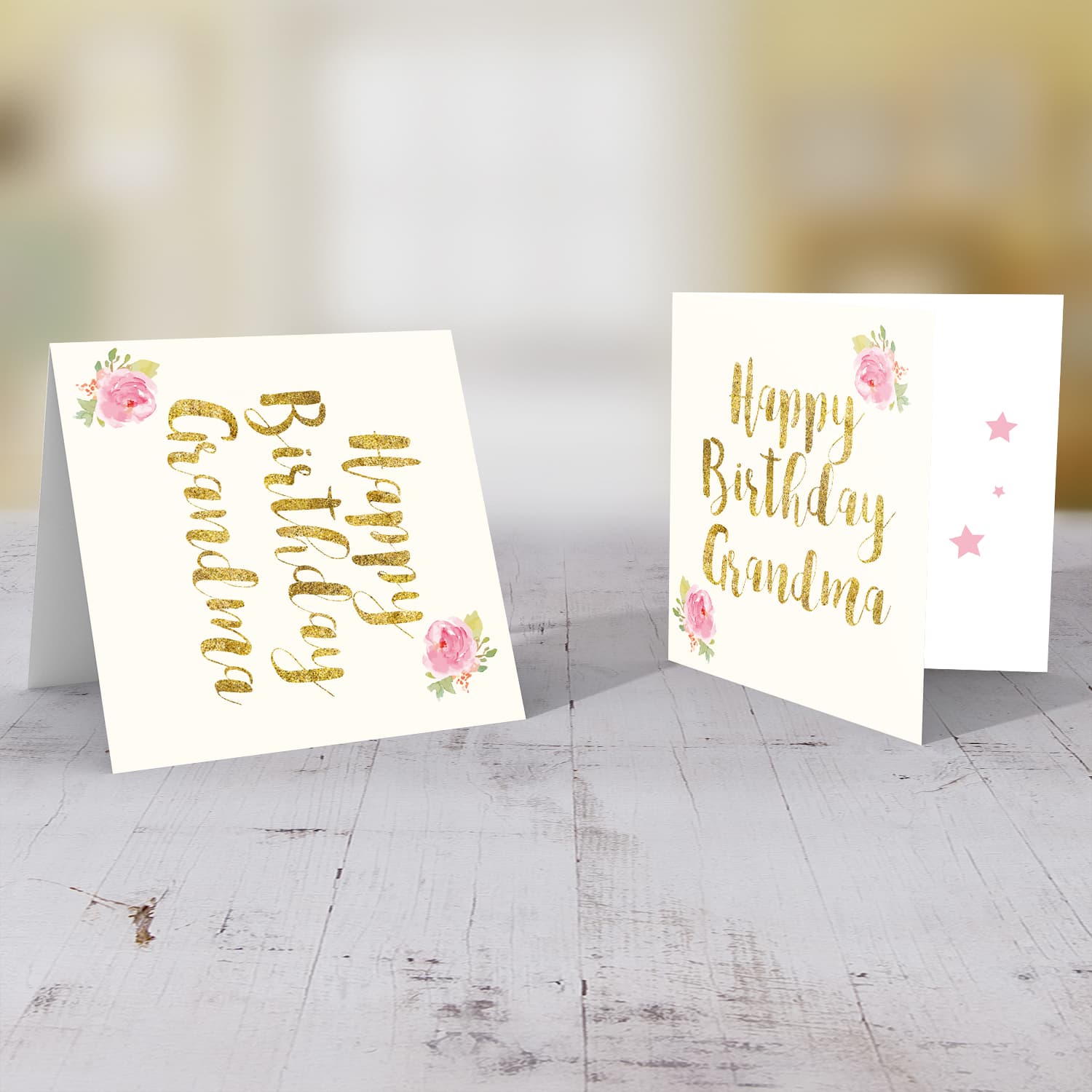 Golden glitter birthday card for Grandma with flowers in English