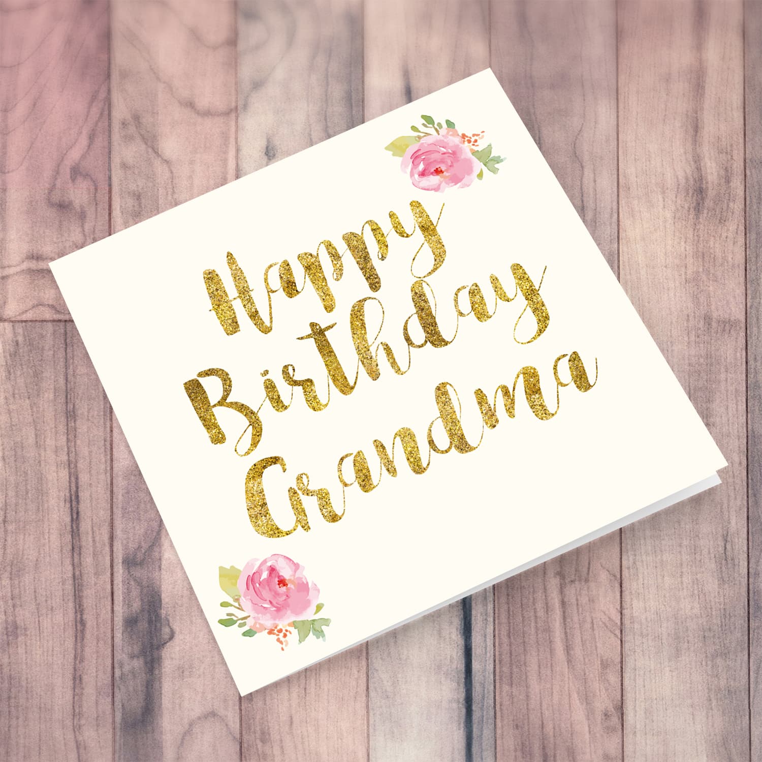 Golden glitter birthday card for Grandma with flowers in English