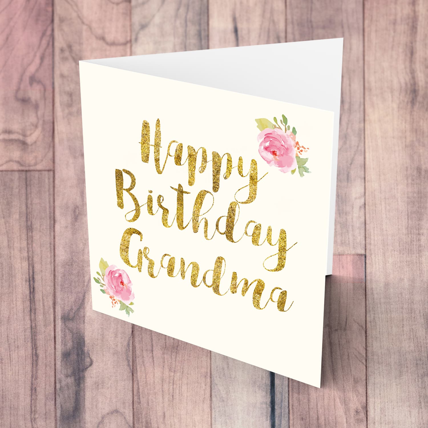 Golden glitter birthday card for Grandma with flowers in English